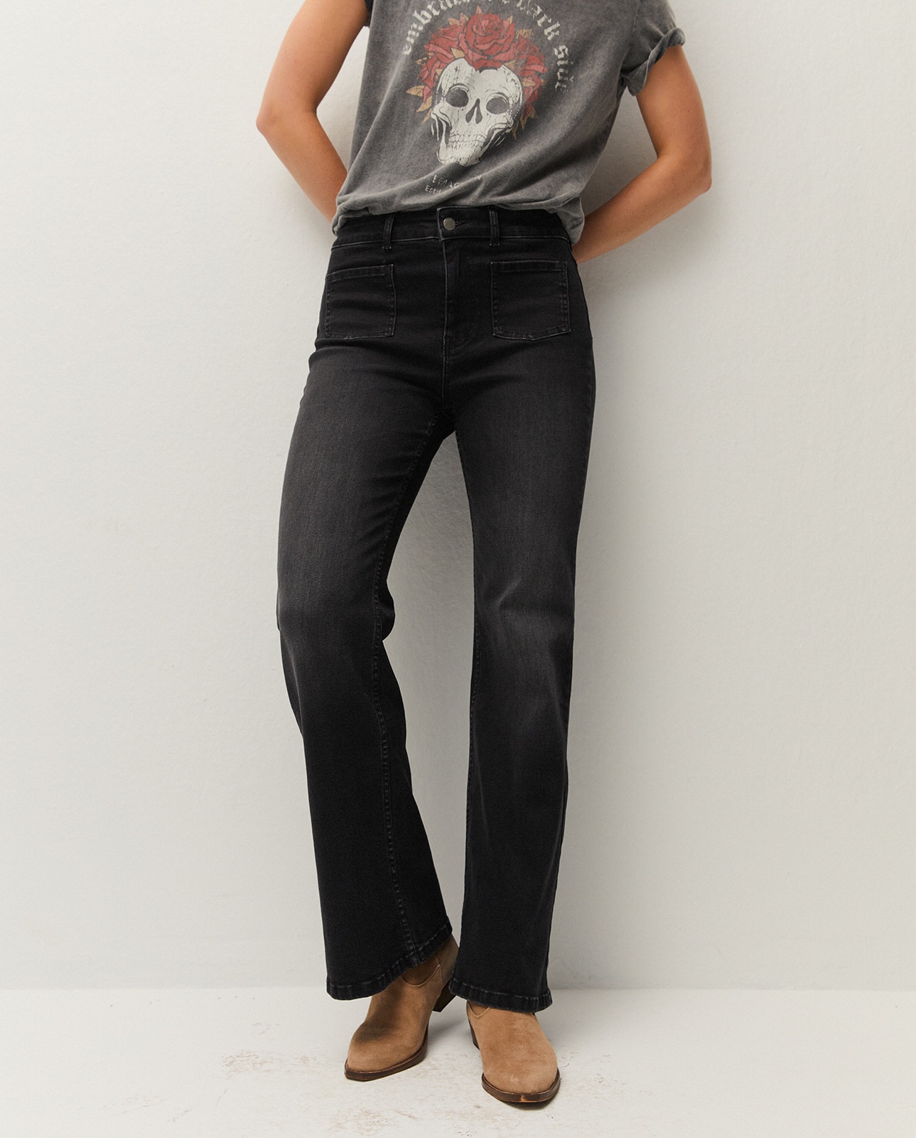 Vaqueros campana de mujer tipo flare con bosillos - System Action - Negro Negro-3