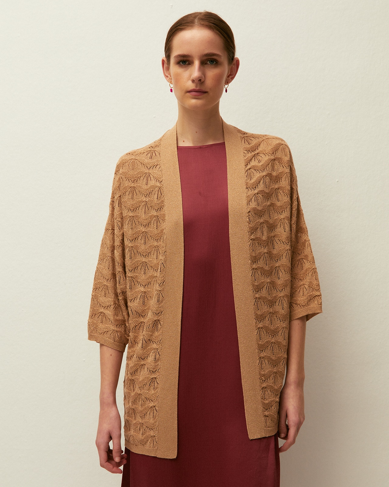 System Action - Sobrecamisa tipo Kimono de punto calado de mujer con acabados en rib.