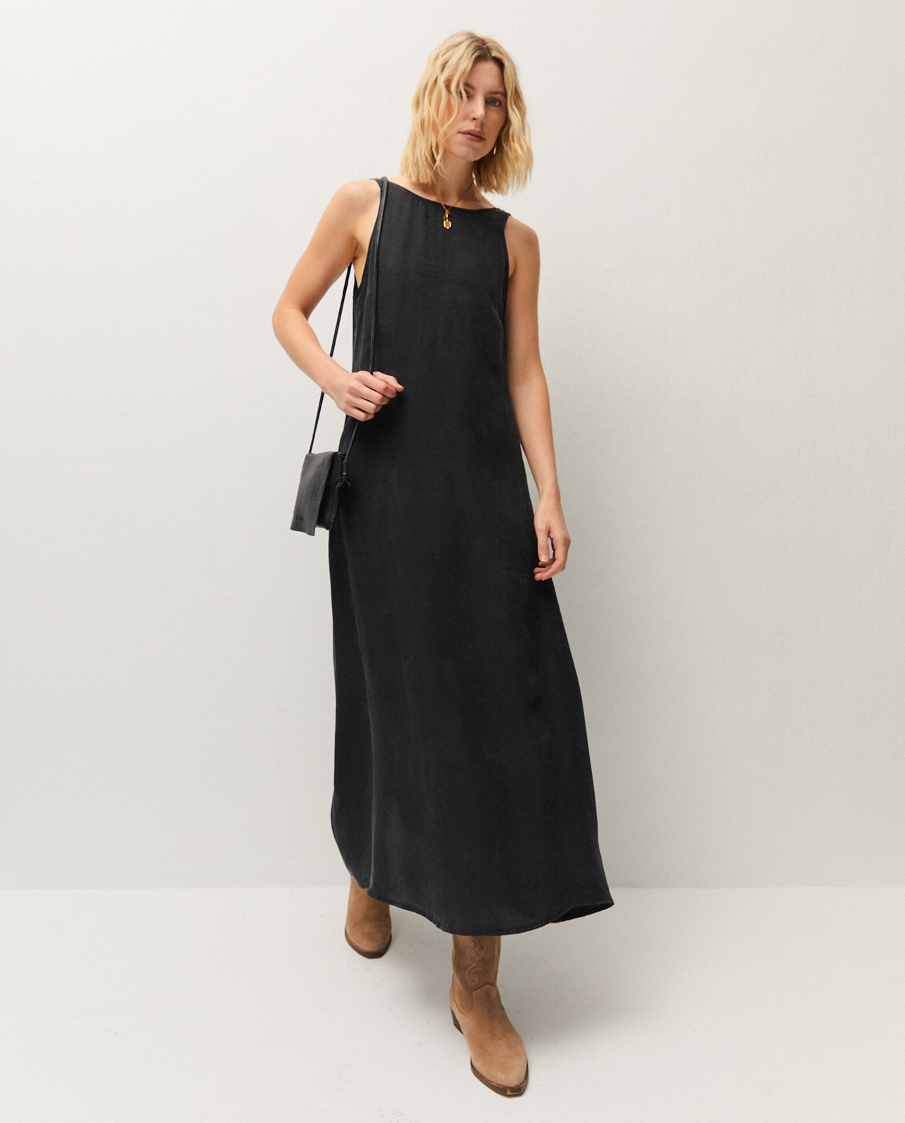 Vestido largo de tirantes en tejido cupro - System Action - Negro Negro-3