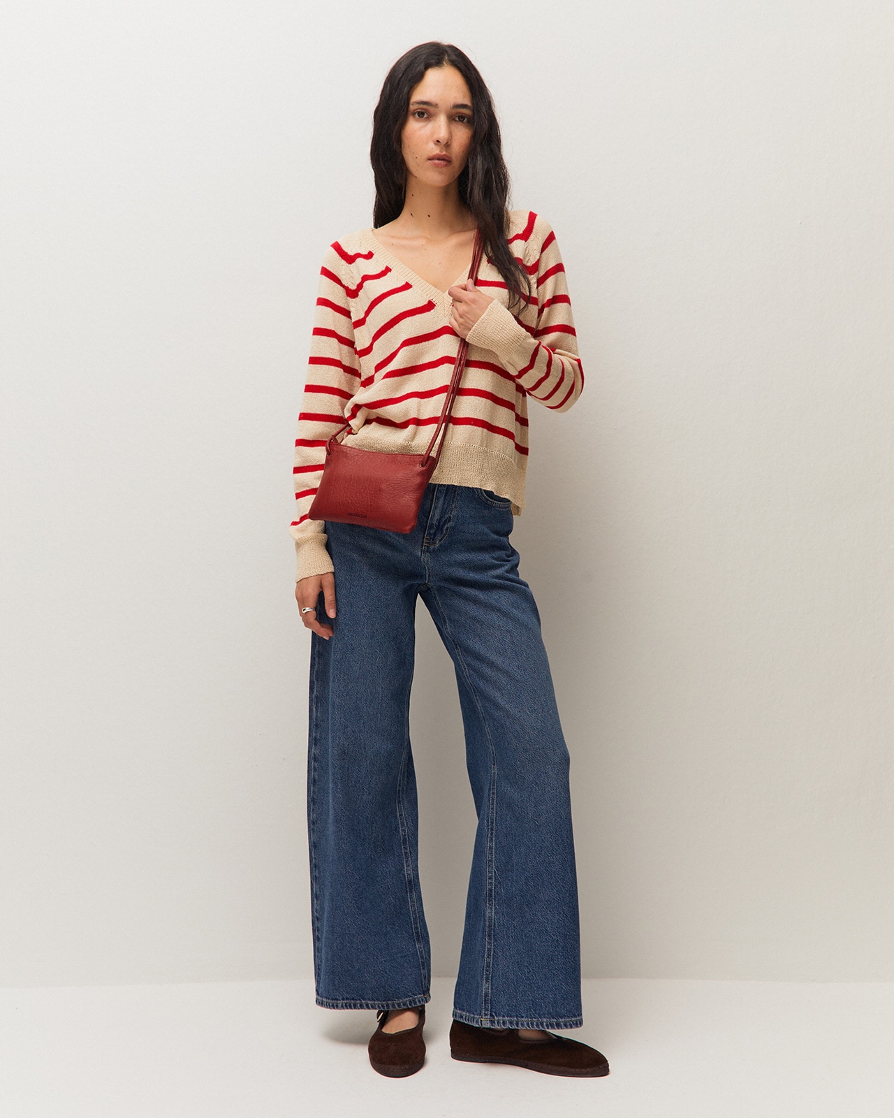 Jersey de mujer de rayas y escote pico - System Action - Rojo Rojo-1