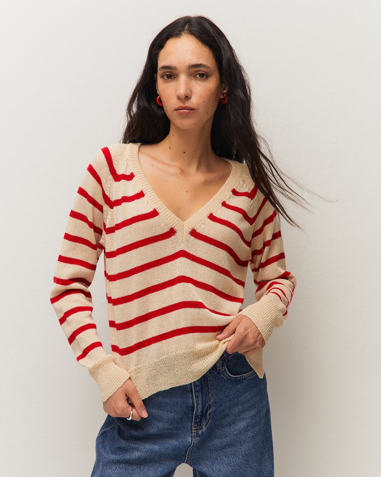 Jersey de mujer de rayas y escote pico - System Action - Rojo Rojo-2