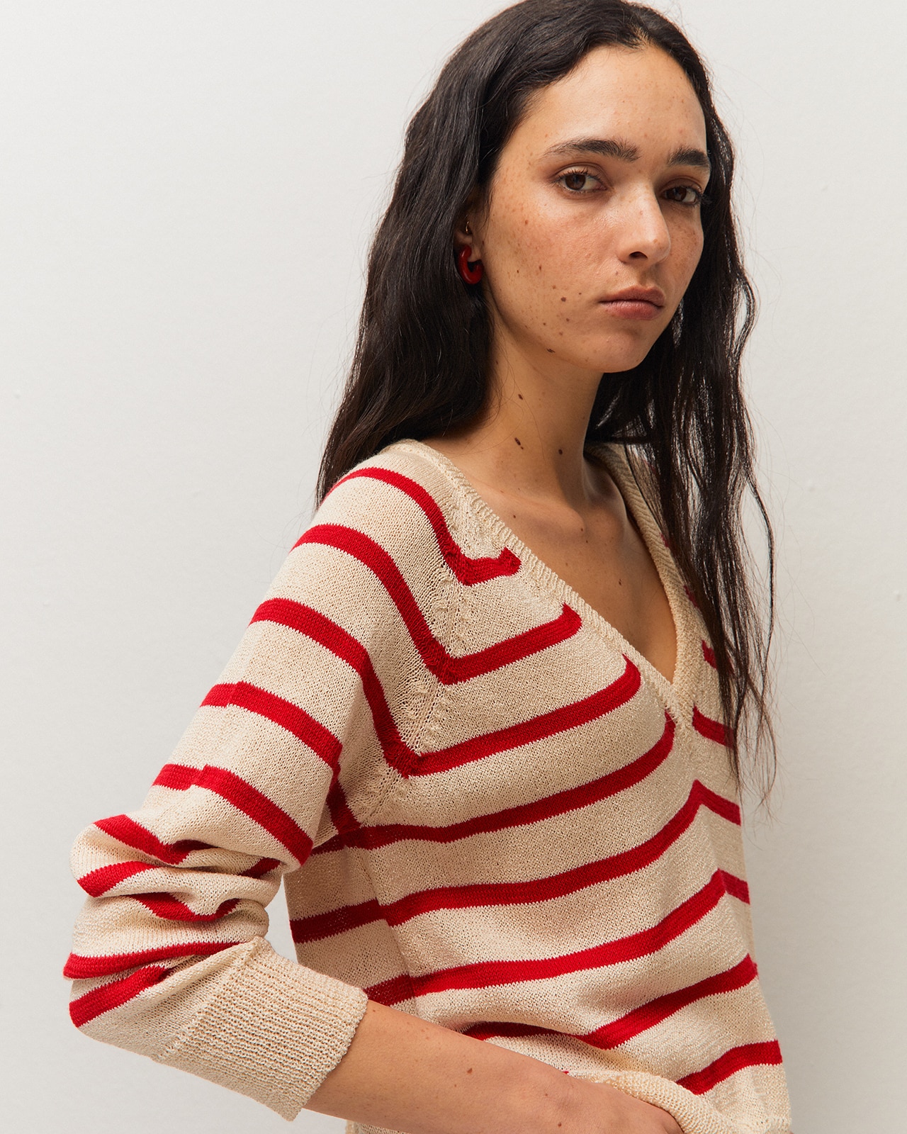 Jersey de mujer de rayas y escote pico - System Action - Rojo Rojo-4