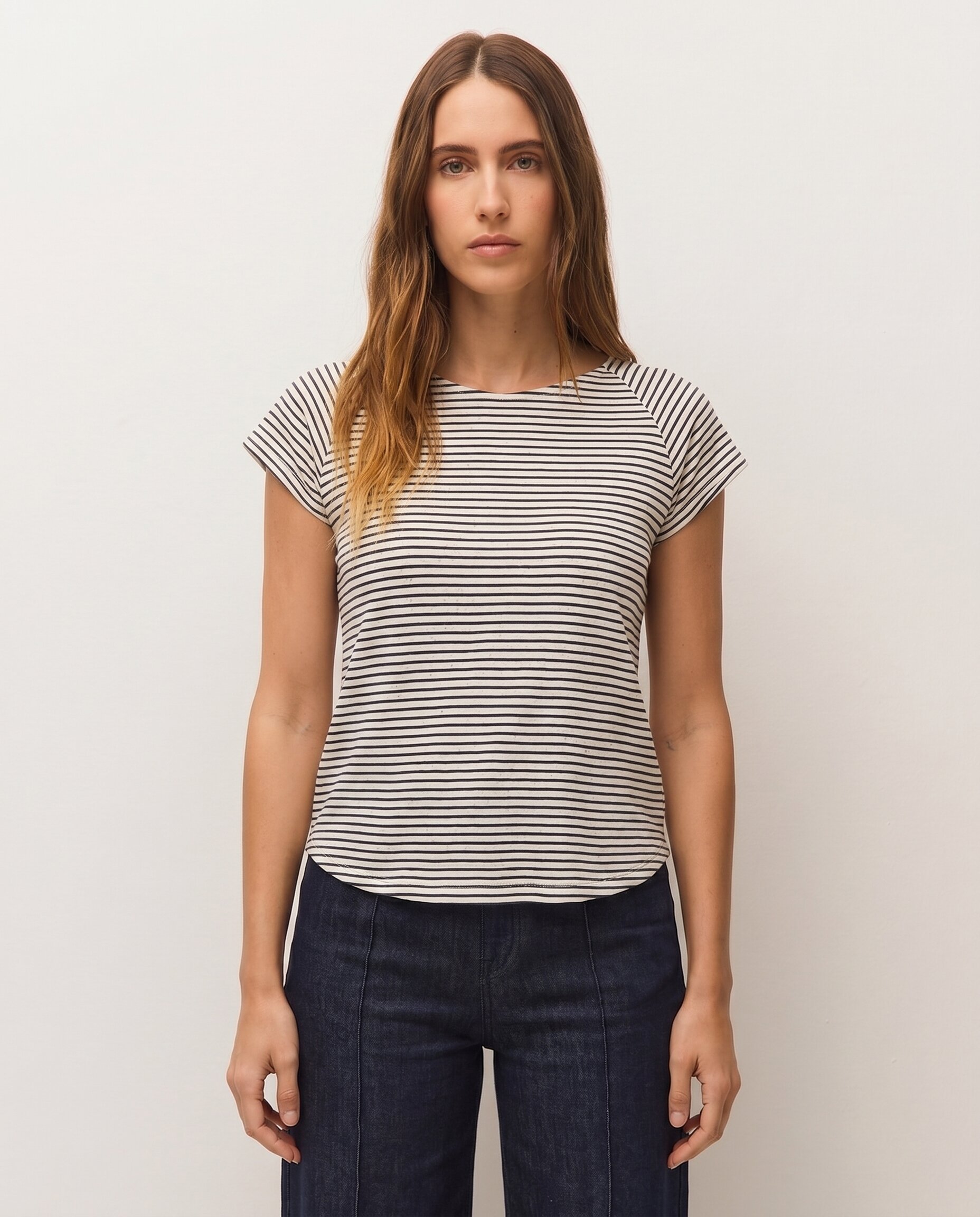 Camiseta de rayas de mujer con efecto evasé y manga corta - System Action - Azul Azul-1