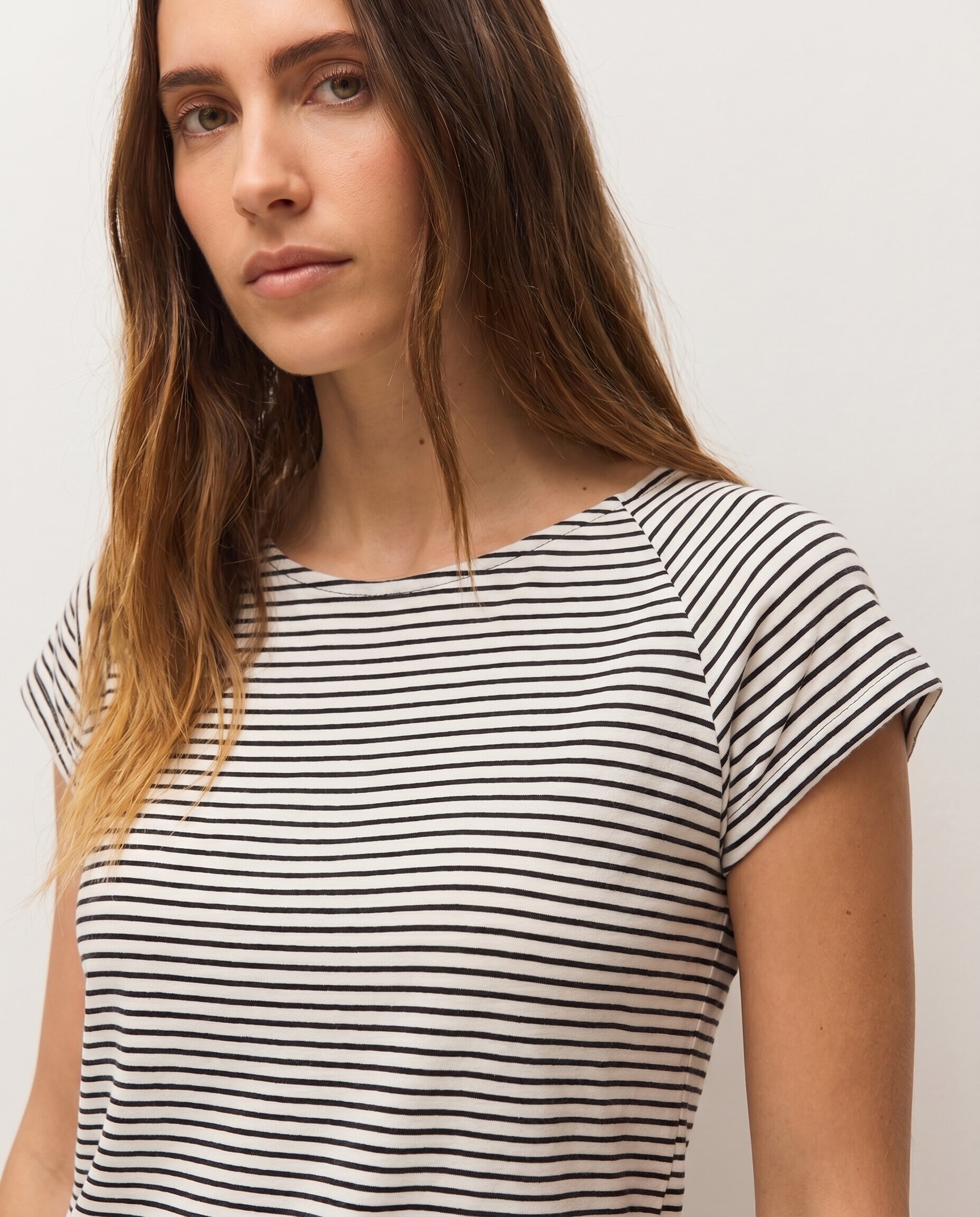 Camiseta de rayas de mujer con efecto evasé y manga corta - System Action - Azul Azul-4