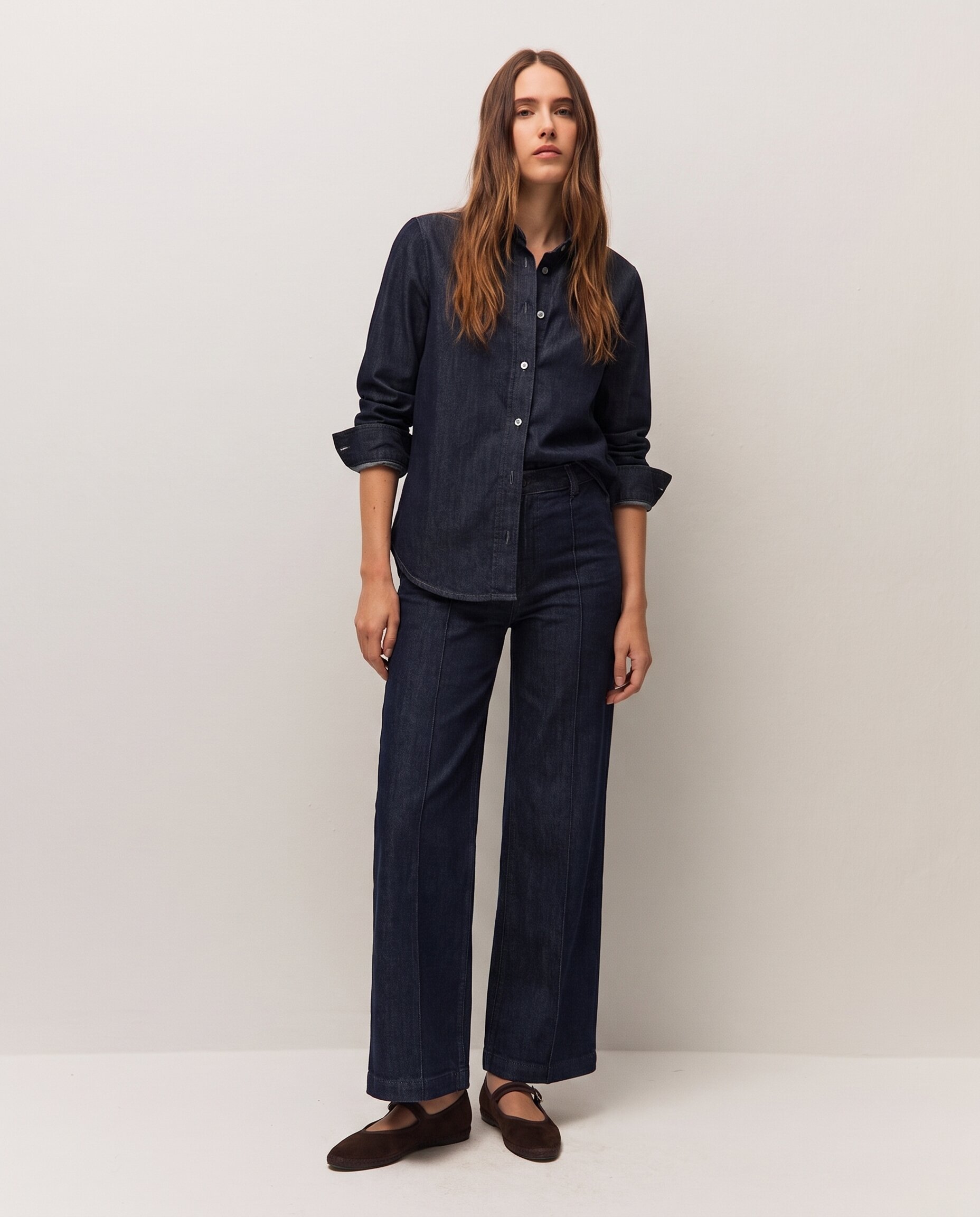 Camisa de mujer con efecto denim de manga larga - System Action - Azul índigo Azul índigo-1