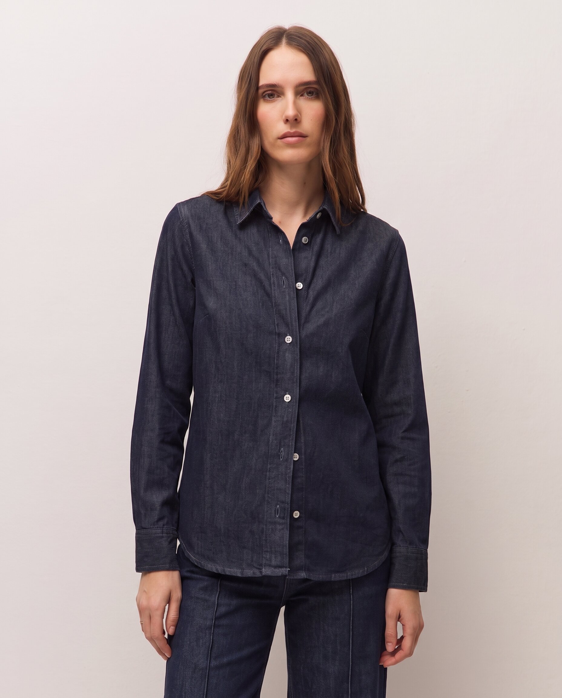 Camisa de mujer con efecto denim de manga larga - System Action - Azul índigo Azul índigo-2