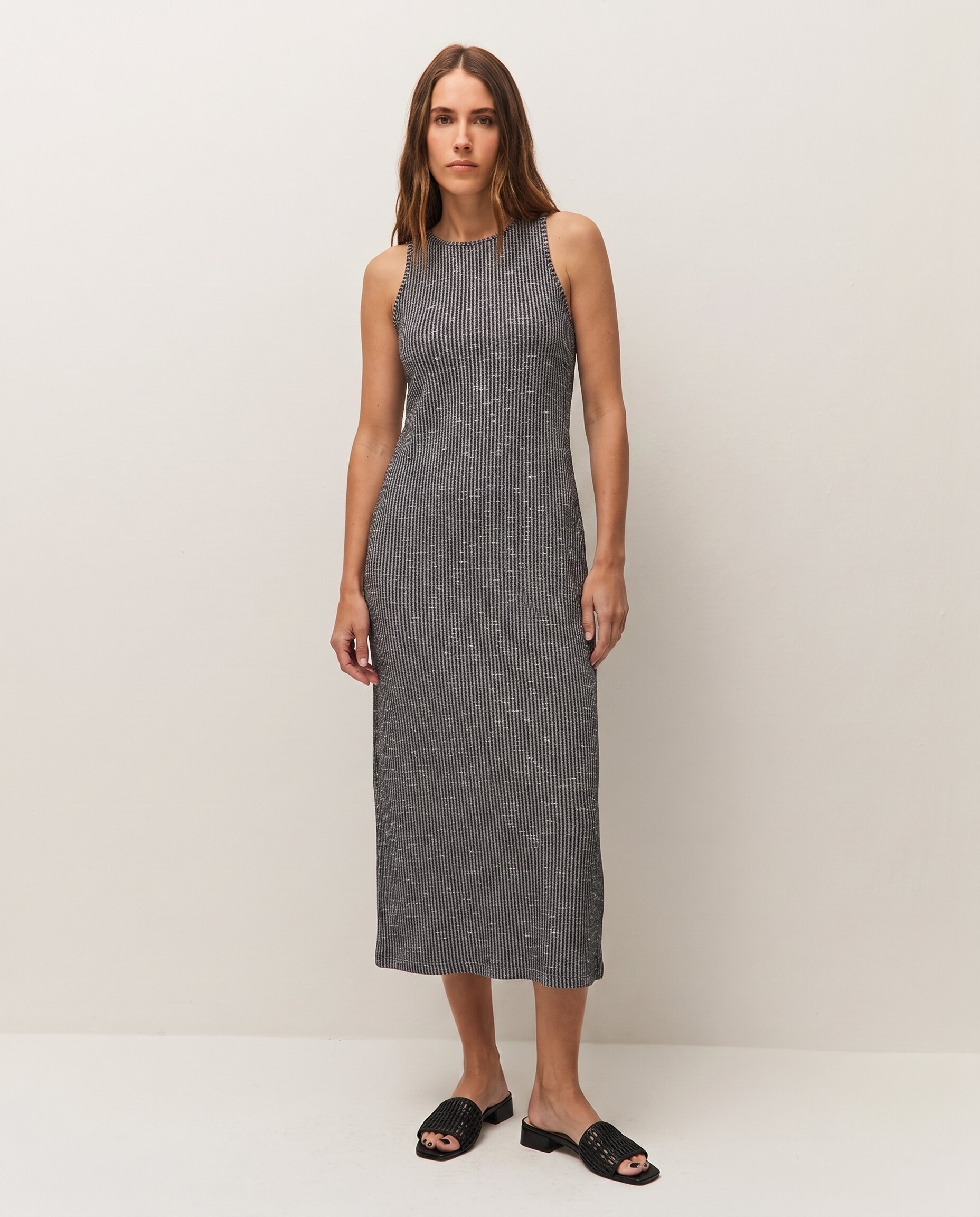 Vestido largo de canalé con abertura lateral y tirantes - System Action - Azul índigo Azul índigo-1