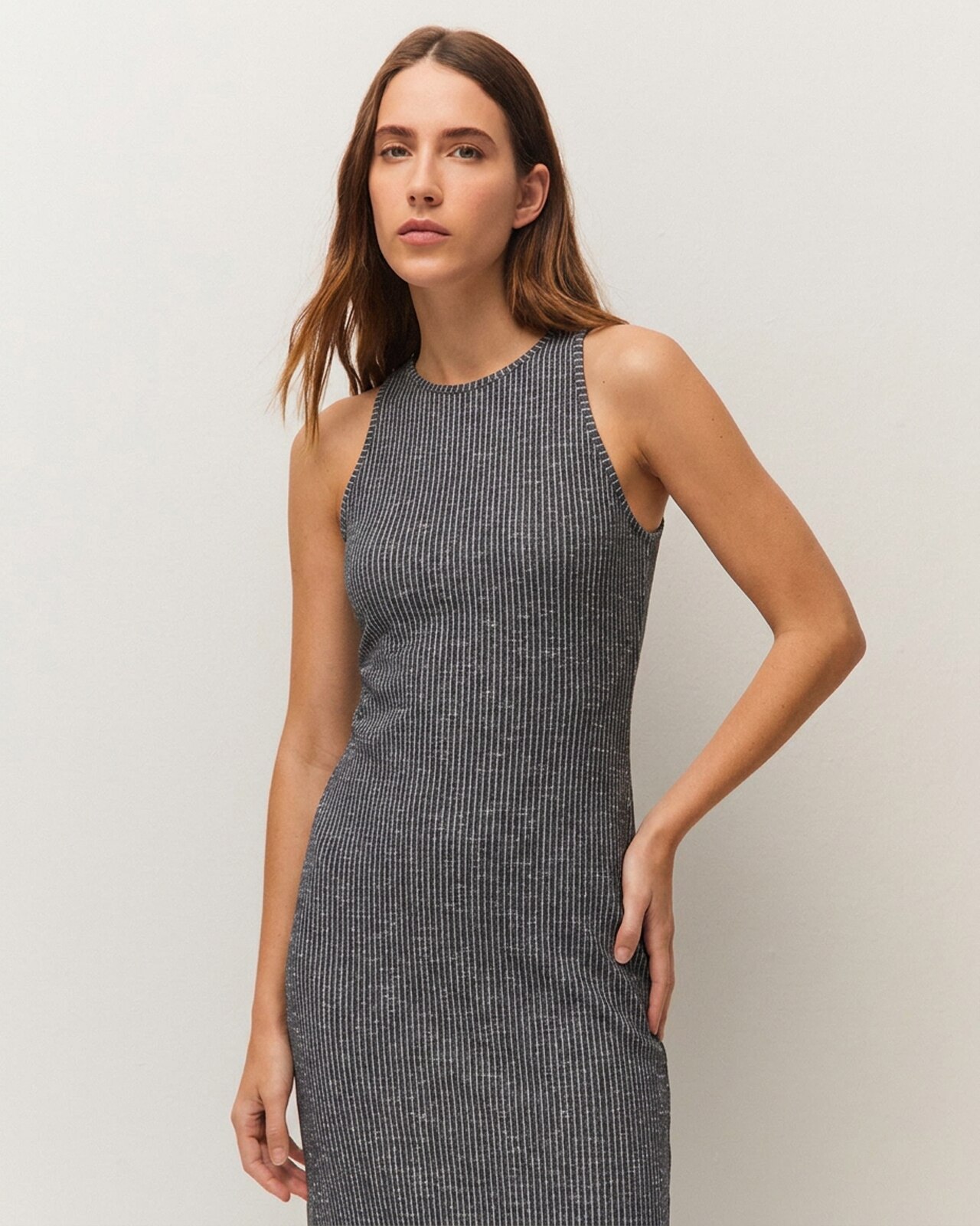 Vestido largo de canalé con abertura lateral y tirantes - System Action - Azul índigo Azul índigo-2