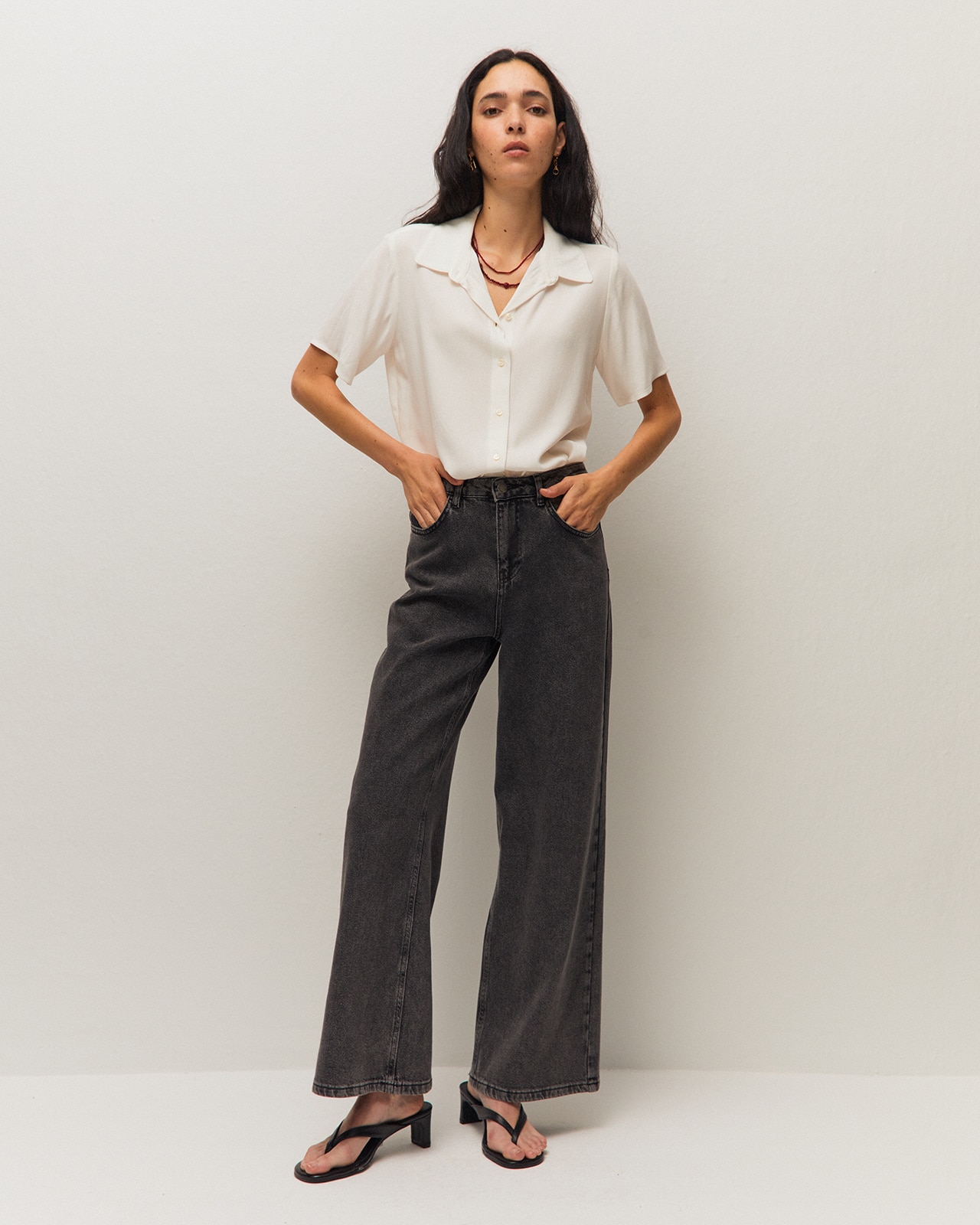 Pantalón vaquero wide leg de mujer de tiro medio - System Action - Negro Negro-1