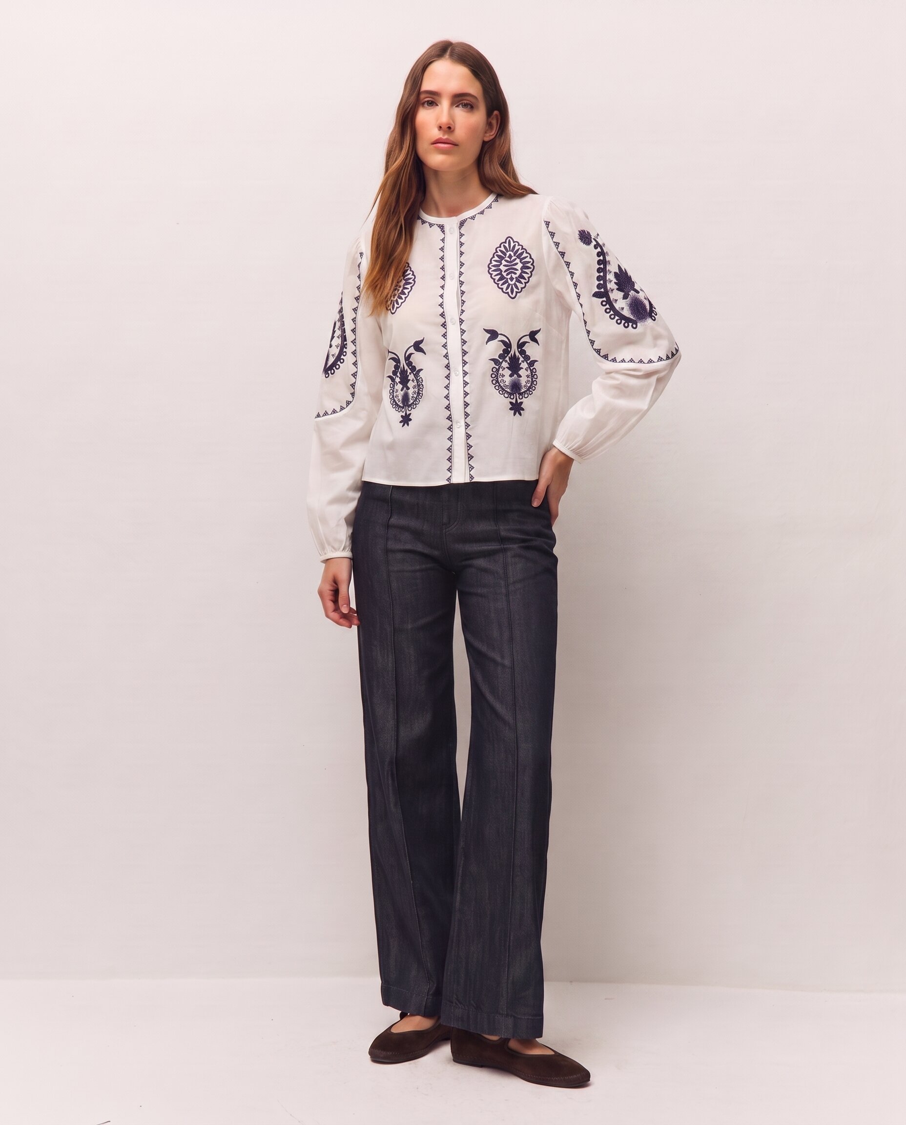 Pantalón ancho de mujer con efecto denim y corte wide leg - System Action - Azul índigo Azul índigo-1