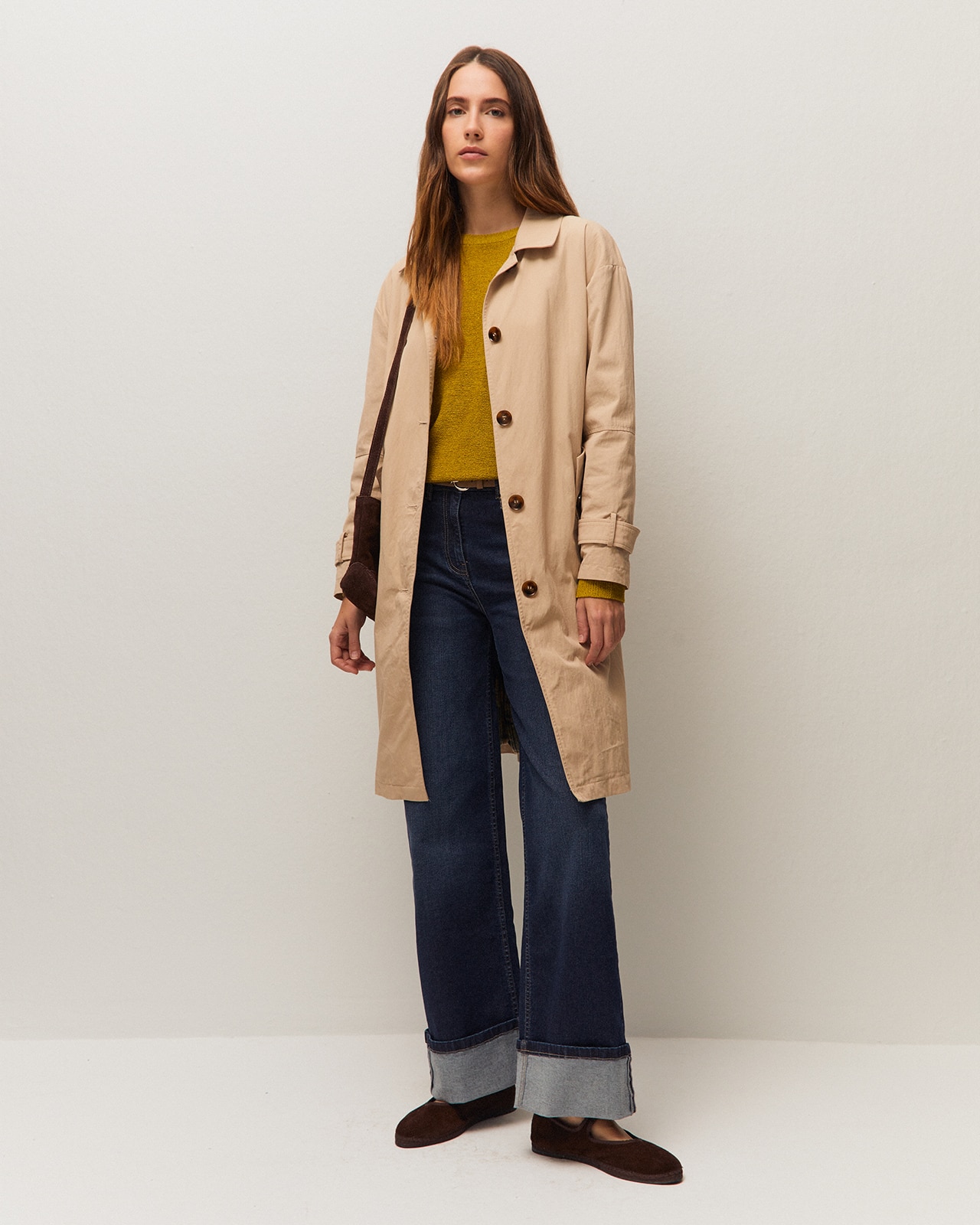 Gabardina trench larga de mujer con solapa y botones - System Action - Beige Beige-1