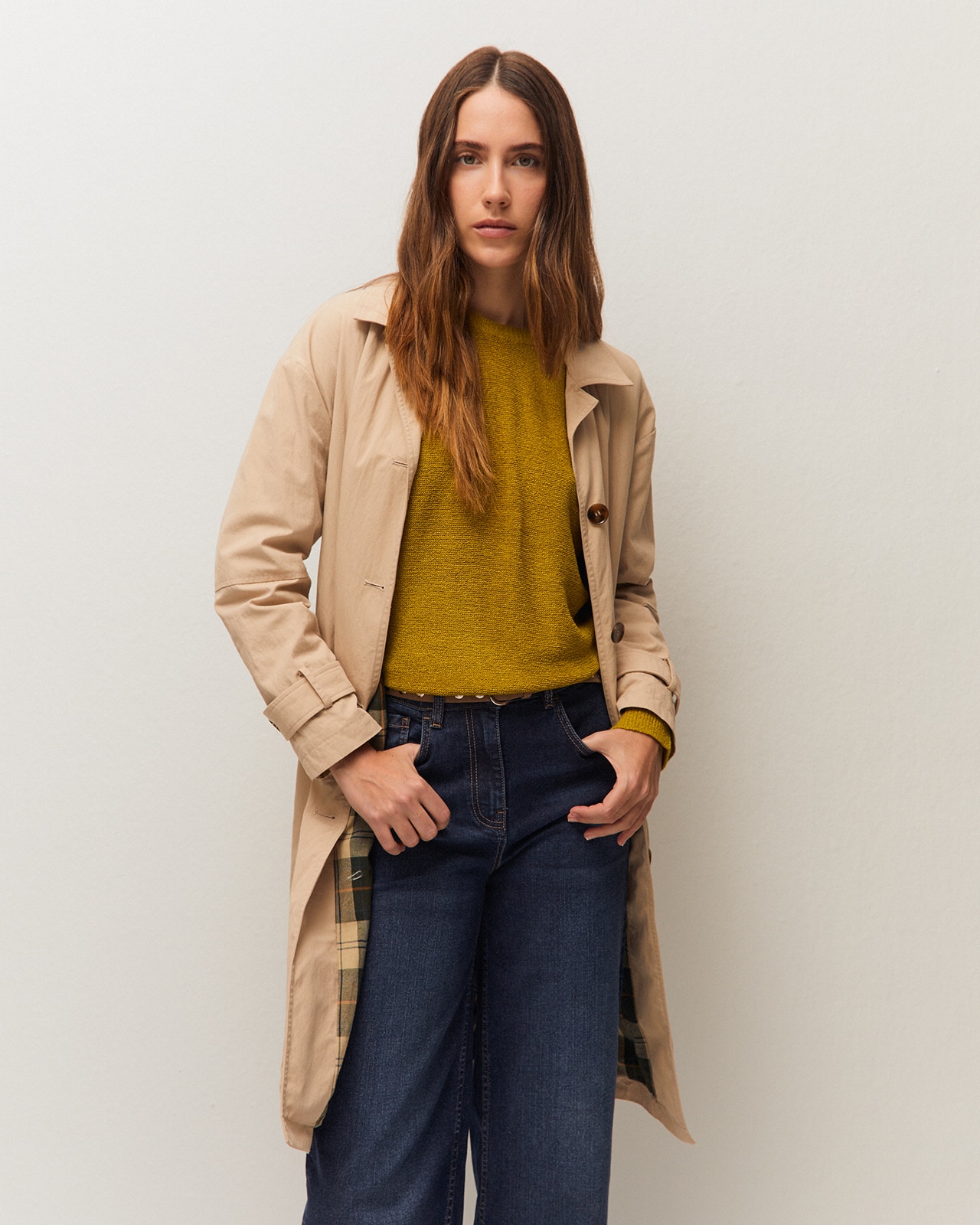 Gabardina trench larga de mujer con solapa y botones - System Action - Beige Beige-2