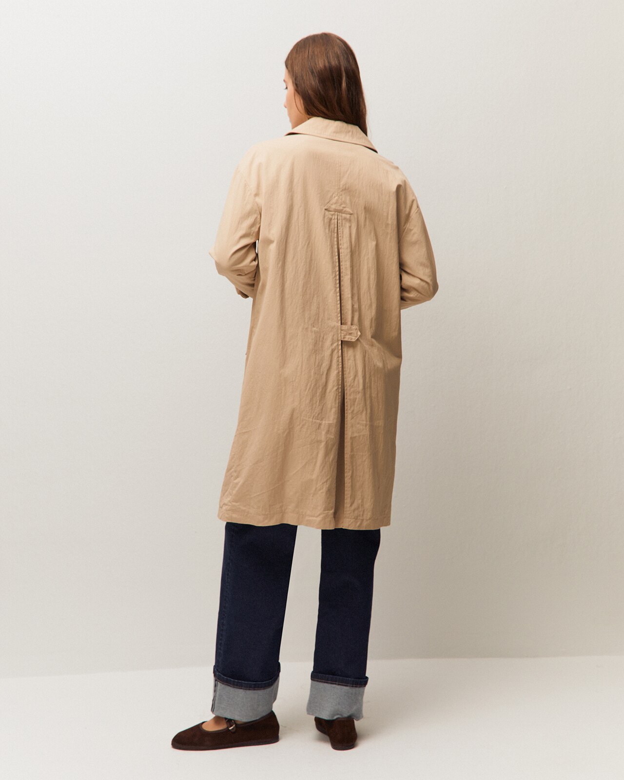 Gabardina trench larga de mujer con solapa y botones - System Action - Beige Beige-3