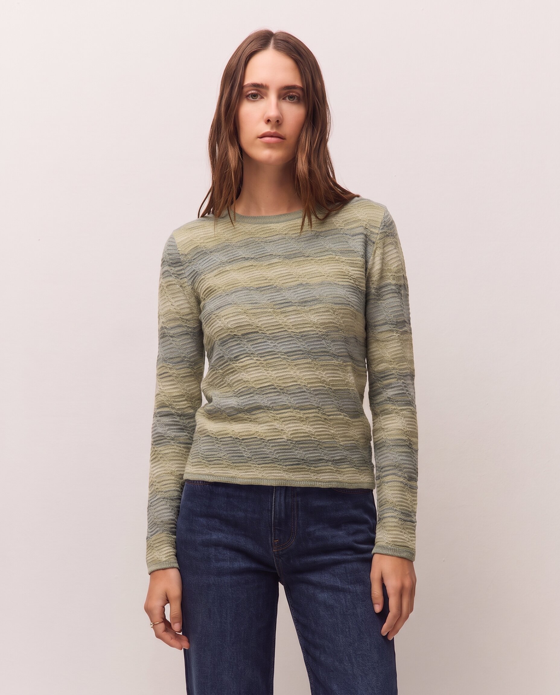 Jersey de mujer listado de jacquard de cuello redondo - System Action - Verde Verde-2