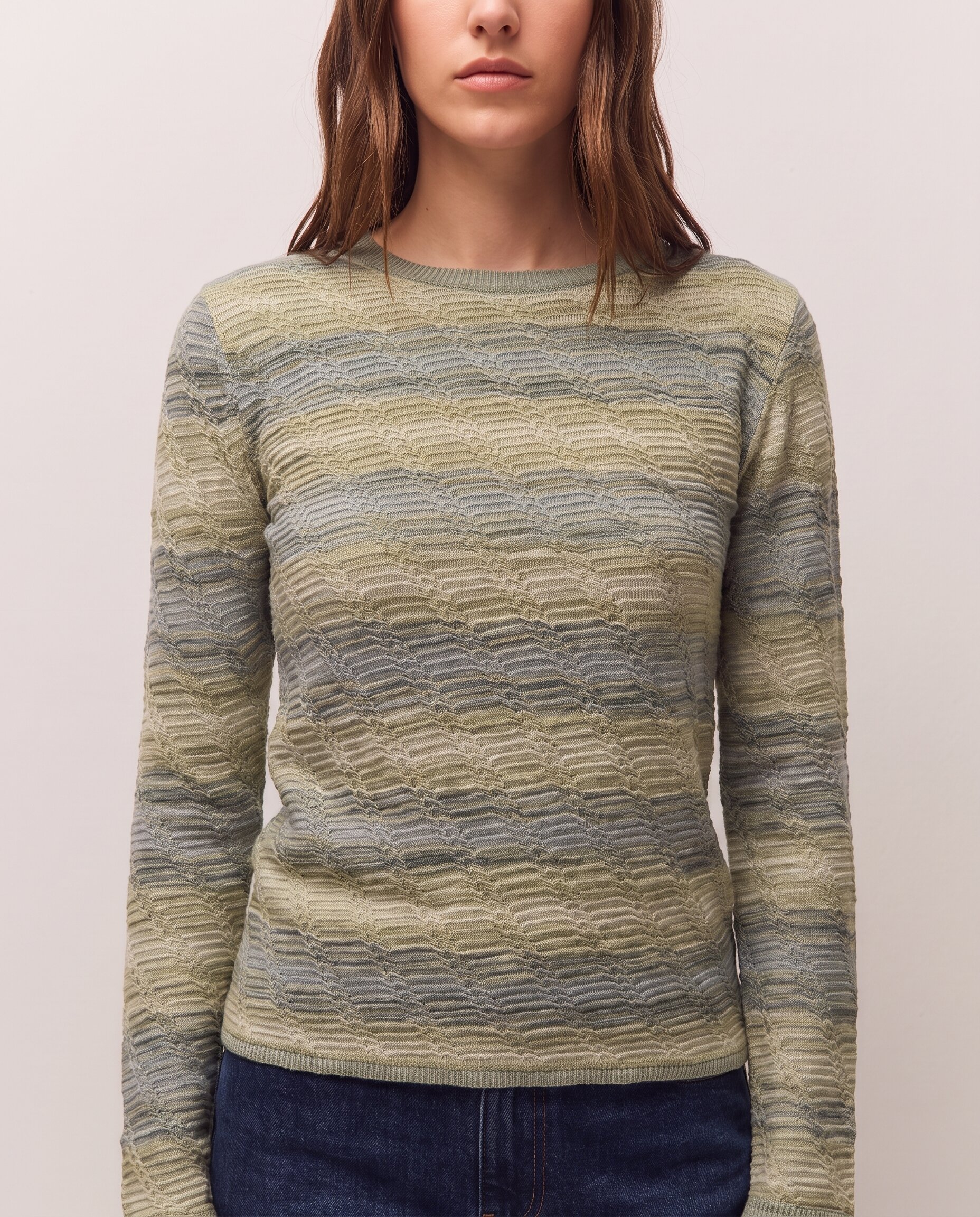 Jersey de mujer listado de jacquard de cuello redondo - System Action - Verde Verde-4
