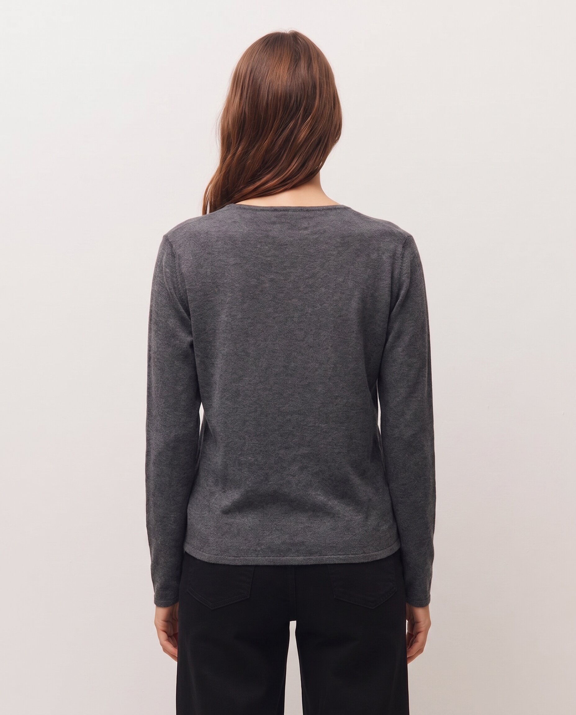 Jersey básico fino de mujer con escote pico y manga larga - System Action - Gris oscuro Gris oscuro-2