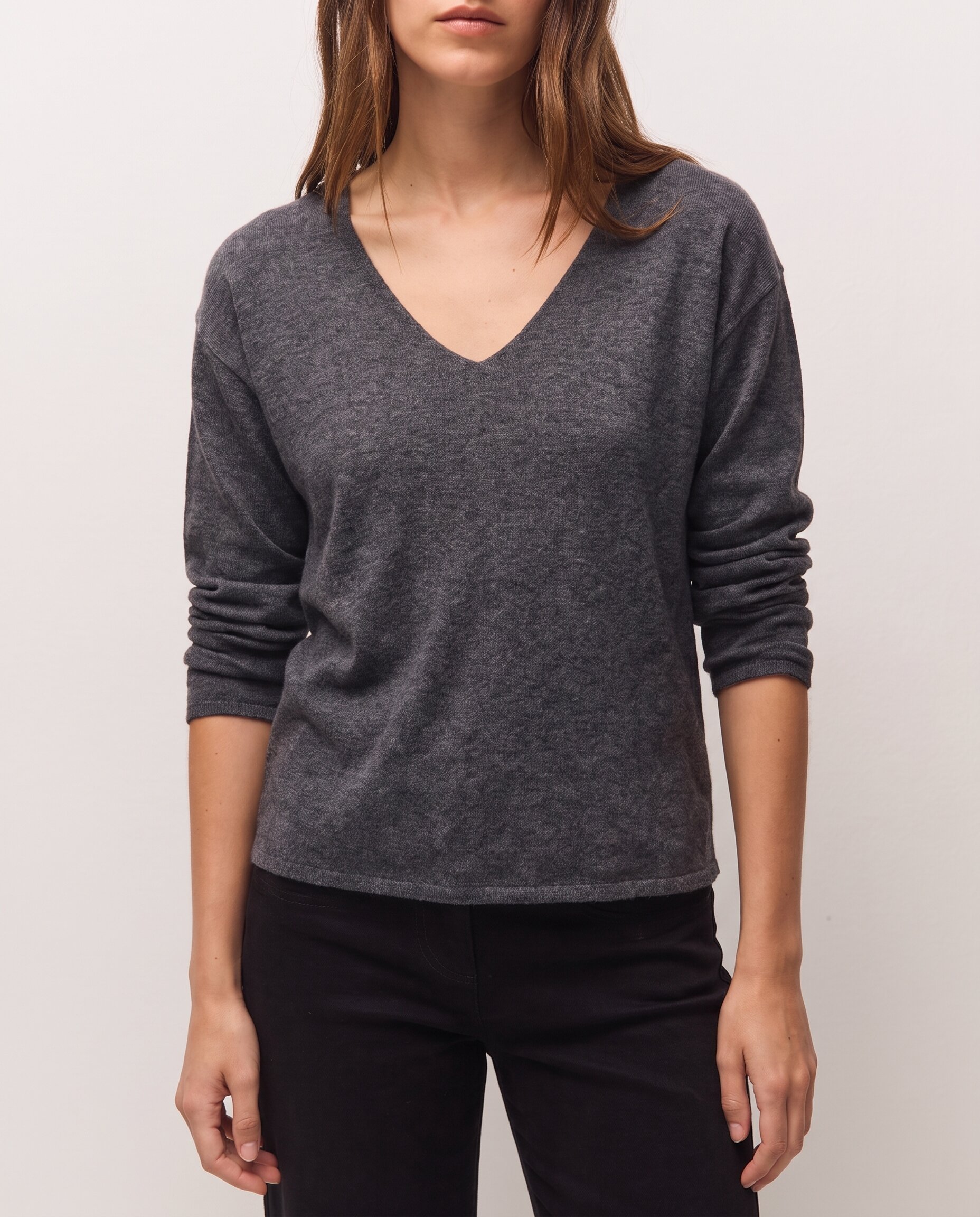 Jersey básico fino de mujer con escote pico y manga larga - System Action - Gris oscuro Gris oscuro-4