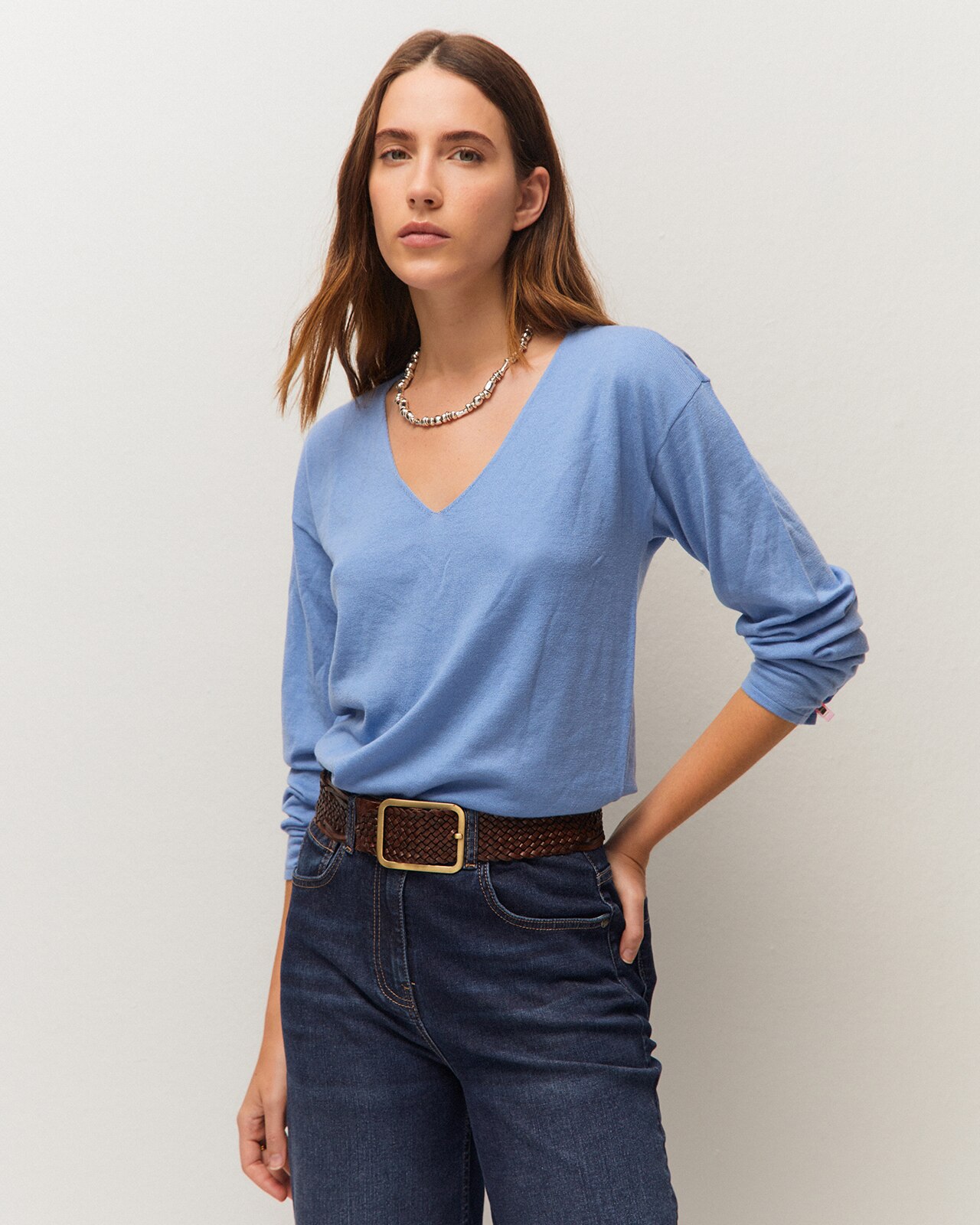Jersey básico fino de mujer con escote pico y manga larga - System Action - Azul Azul-2