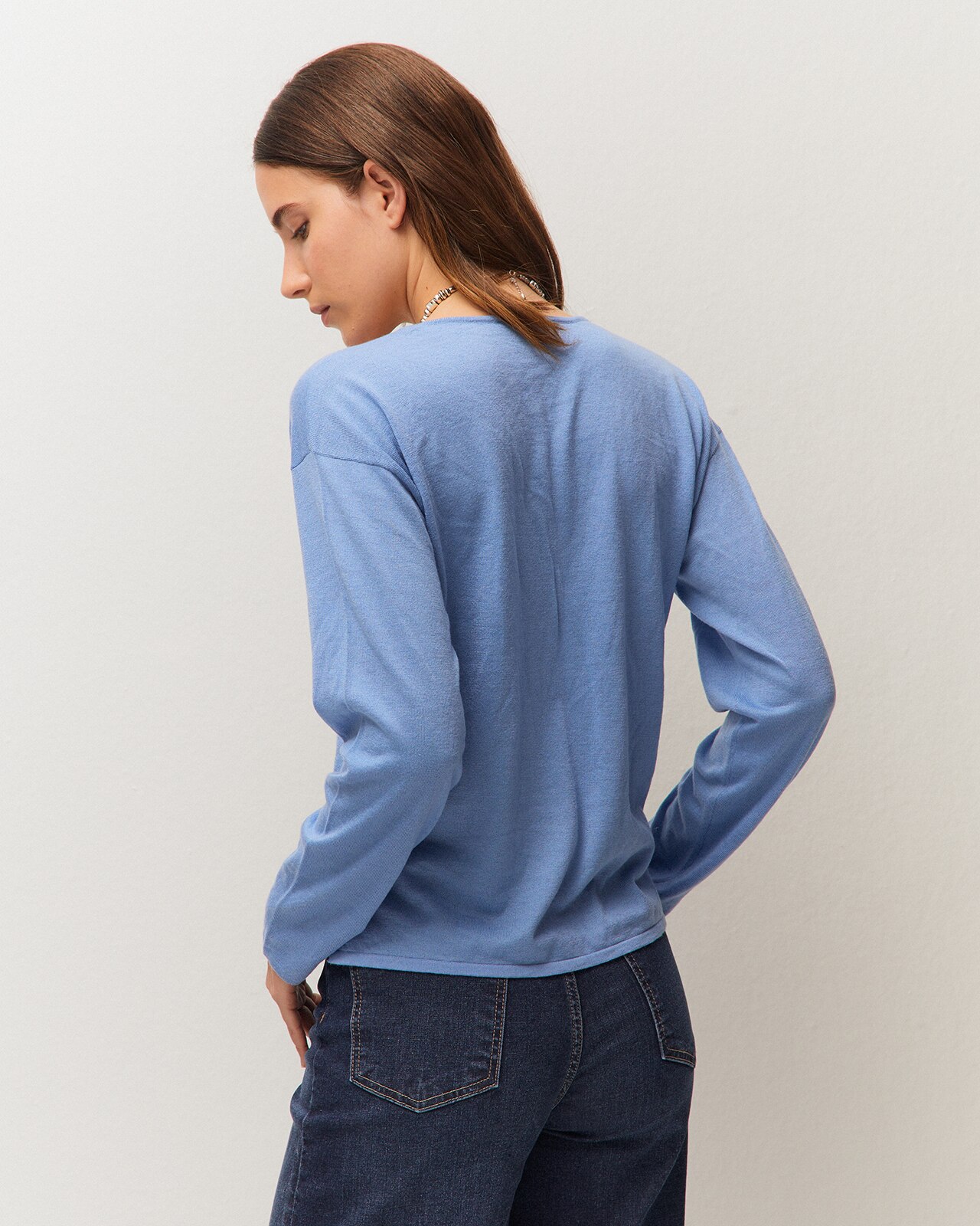 Jersey básico fino de mujer con escote pico y manga larga - System Action - Azul Azul-3
