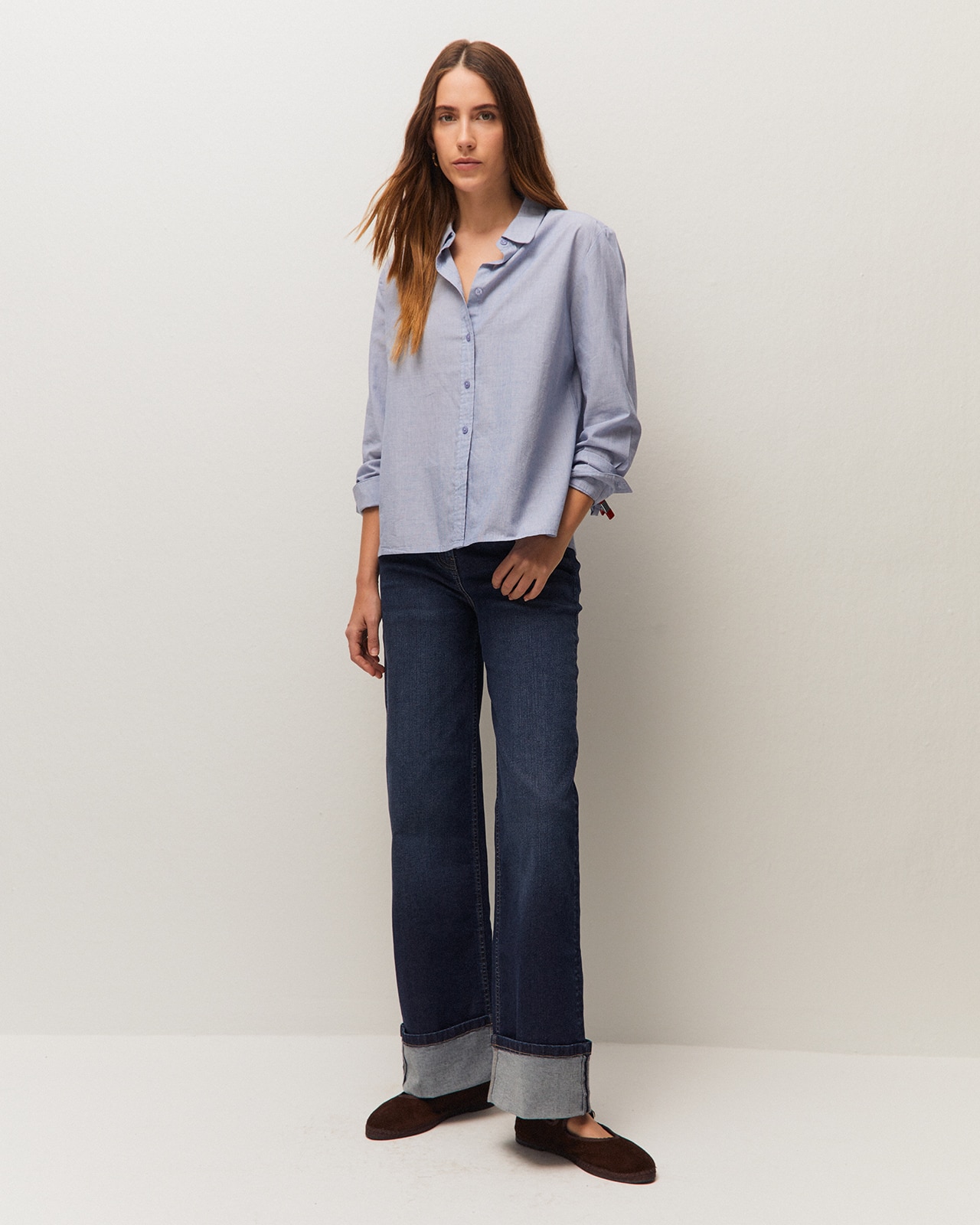 Camisa de mujer en tejido chambray en manga larga - System Action - Azul Azul-1