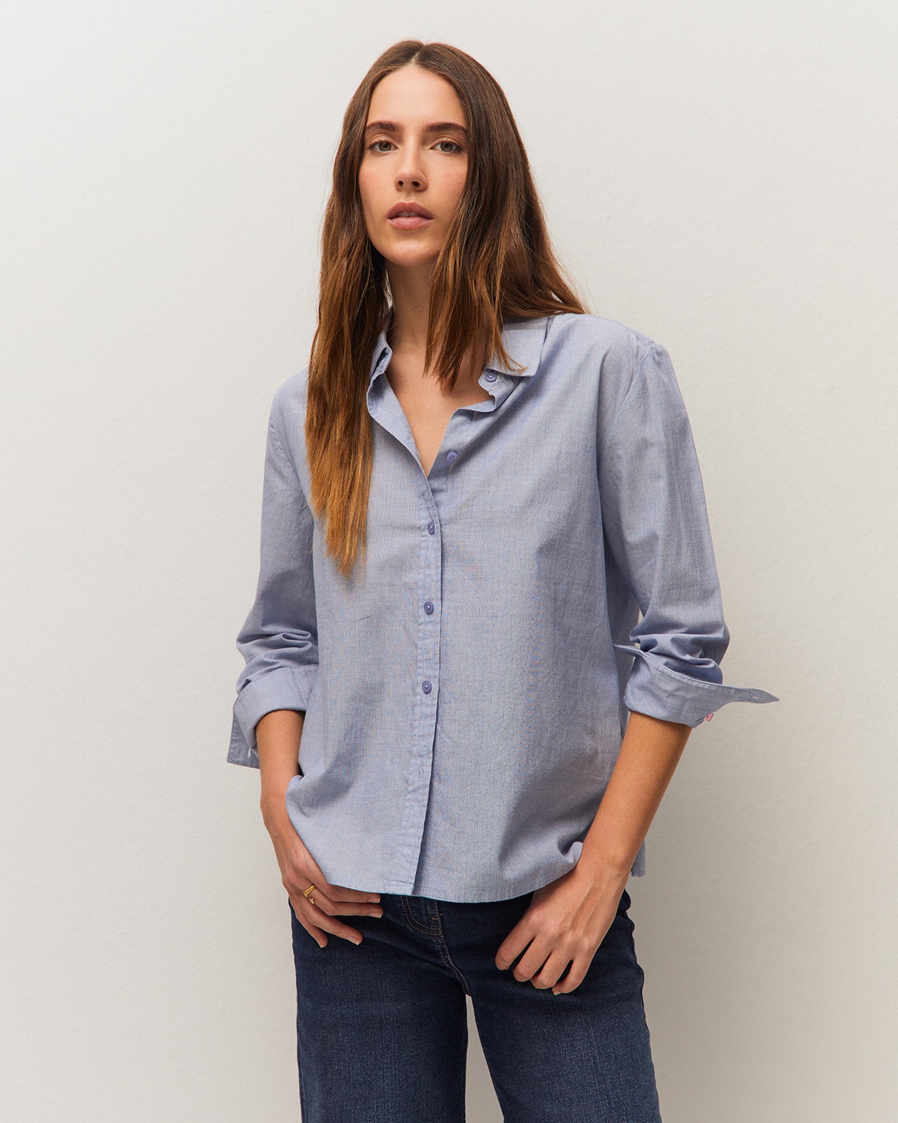Camisa de mujer en tejido chambray en manga larga - System Action - Azul Azul-2