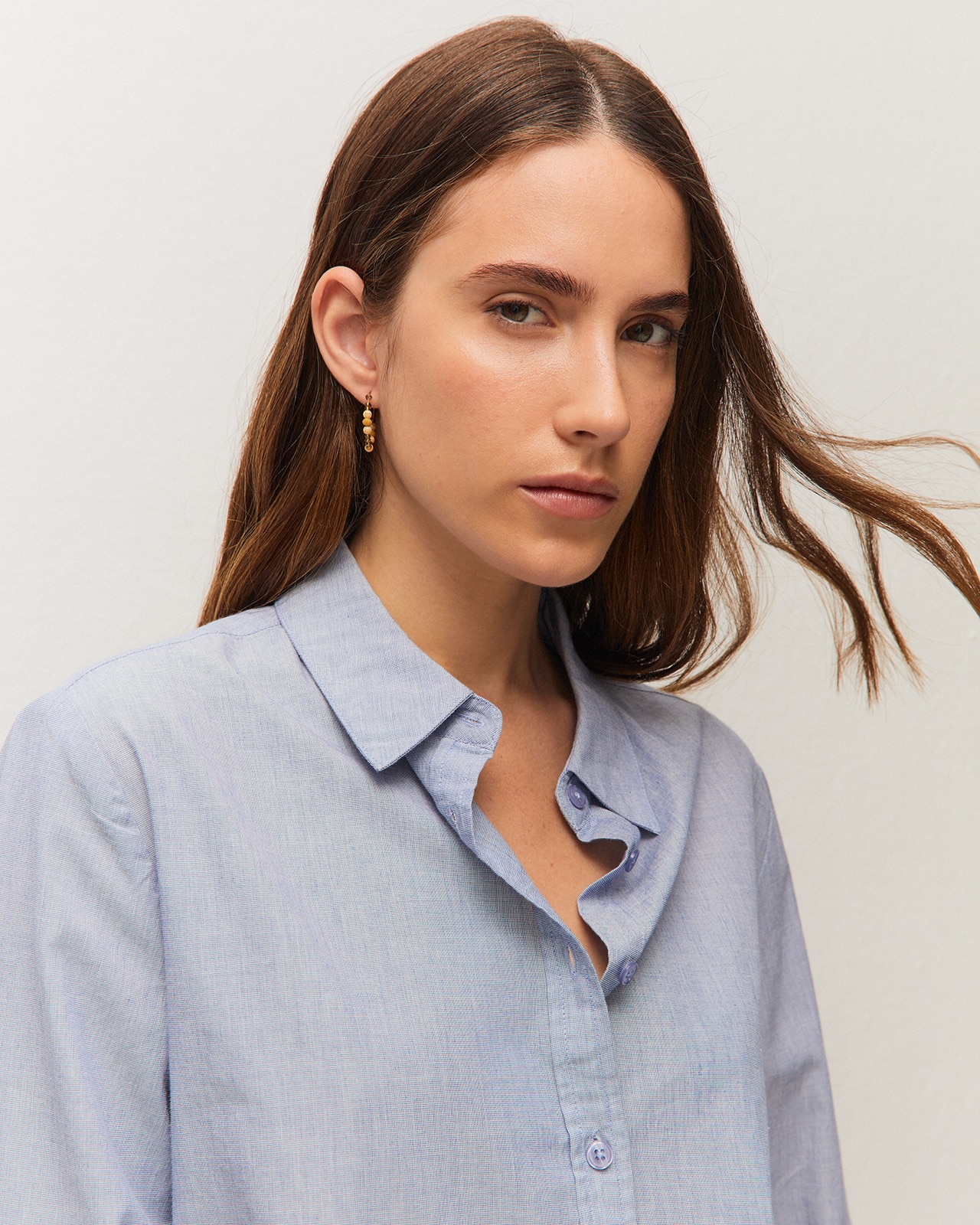 Camisa de mujer en tejido chambray en manga larga - System Action - Azul Azul-4