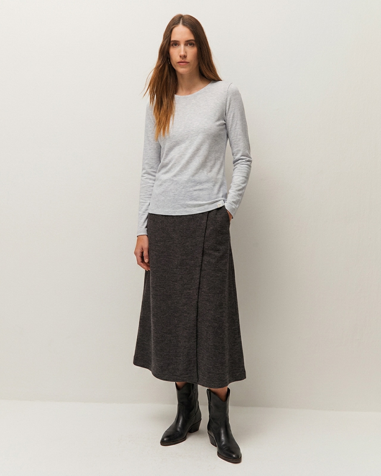 Camiseta bàsica de mujer en tejido melange y manga larga - System Action - Gris Gris-1