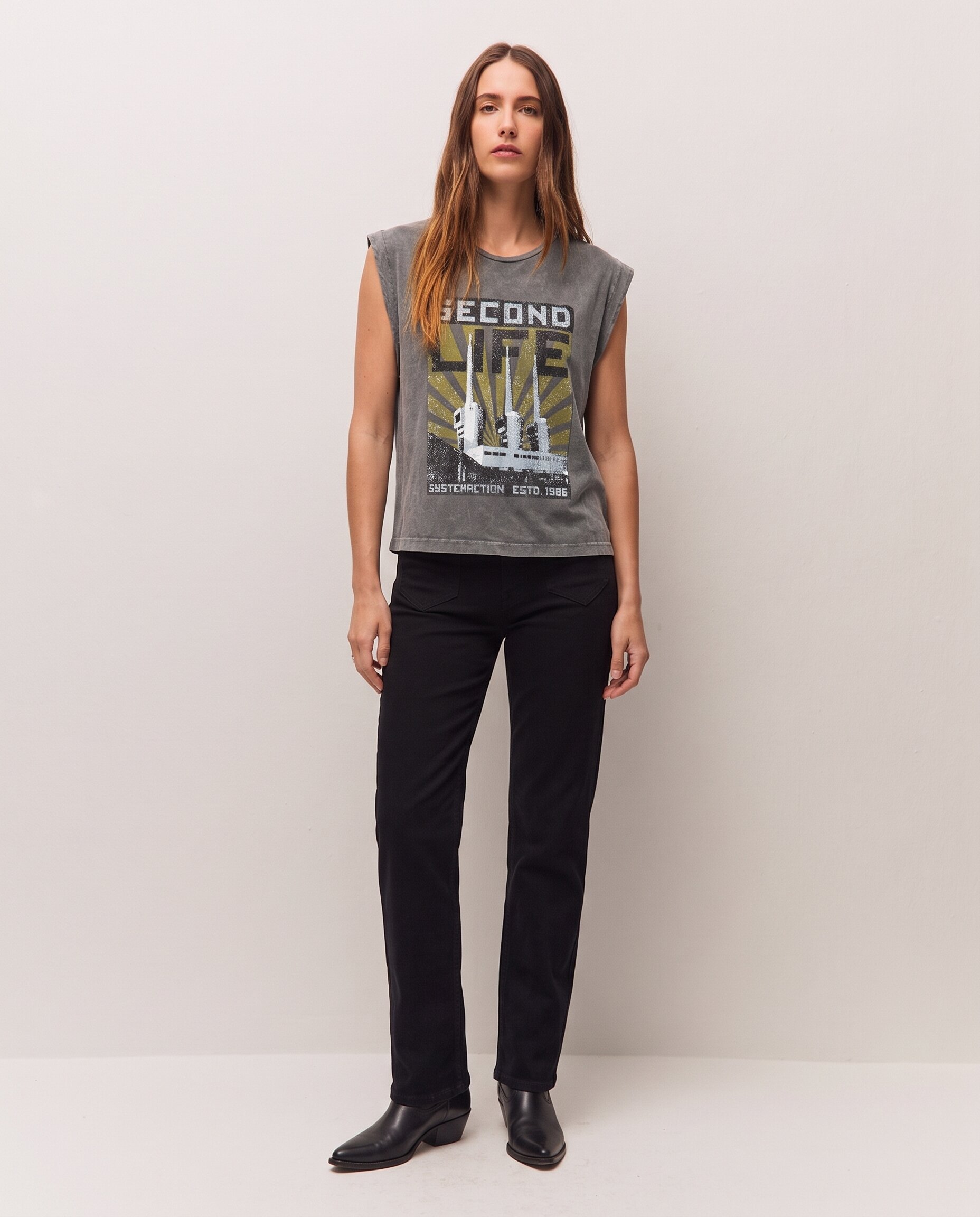 Camiseta de mujer con tirantes y print posicional delantero - System Action - Gris claro Gris claro-1