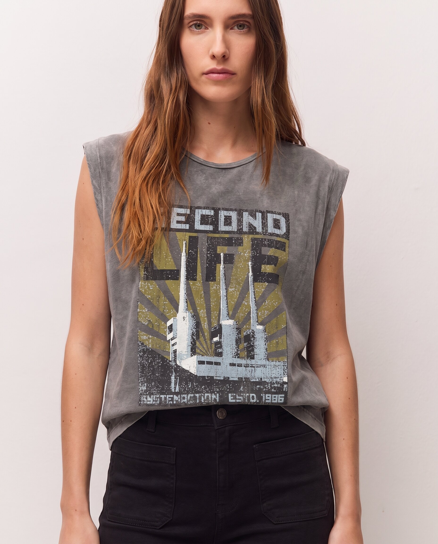 Camiseta de mujer con tirantes y print posicional delantero - System Action - Gris claro Gris claro-2