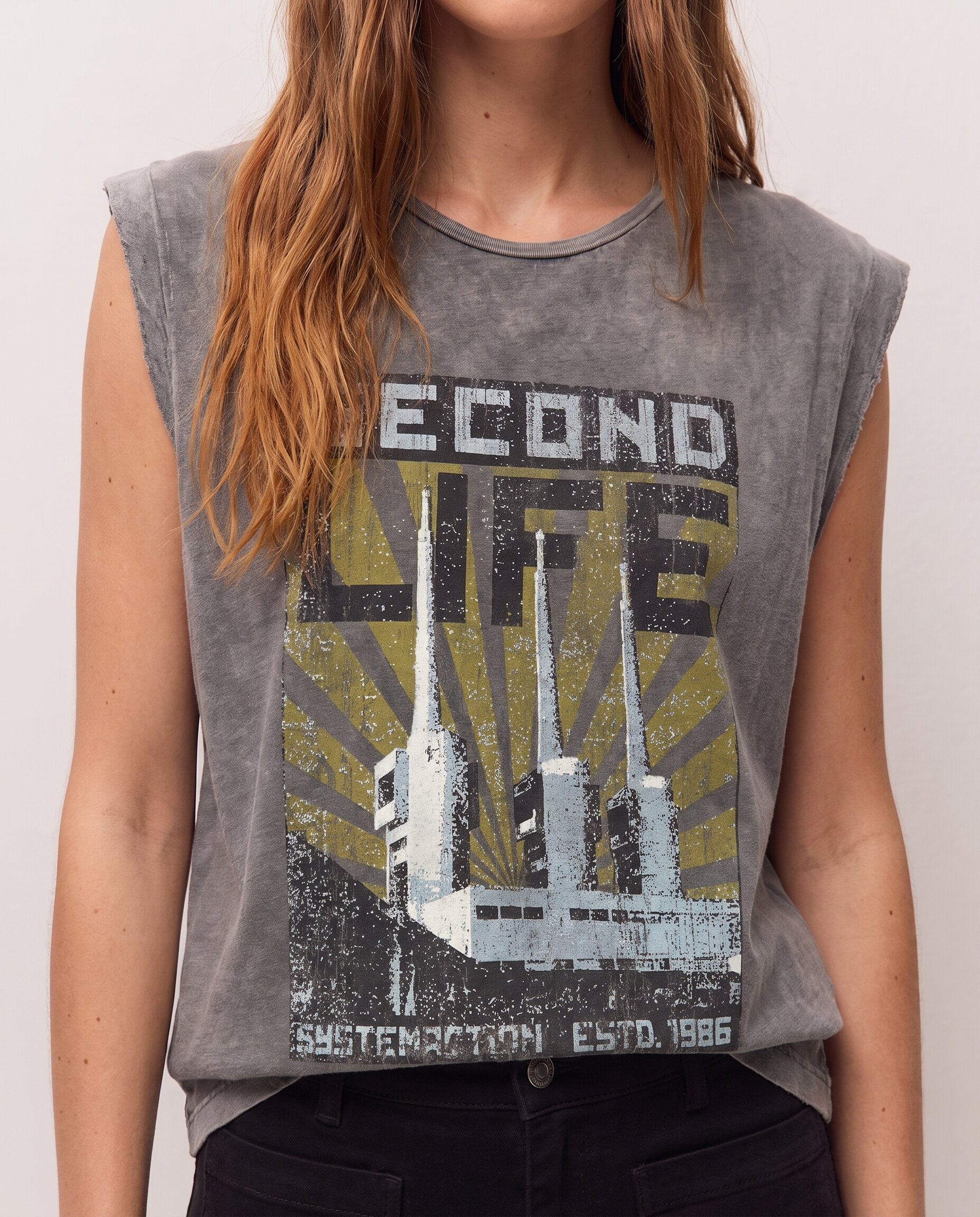 Camiseta de mujer con tirantes y print posicional delantero Gris claro ...
