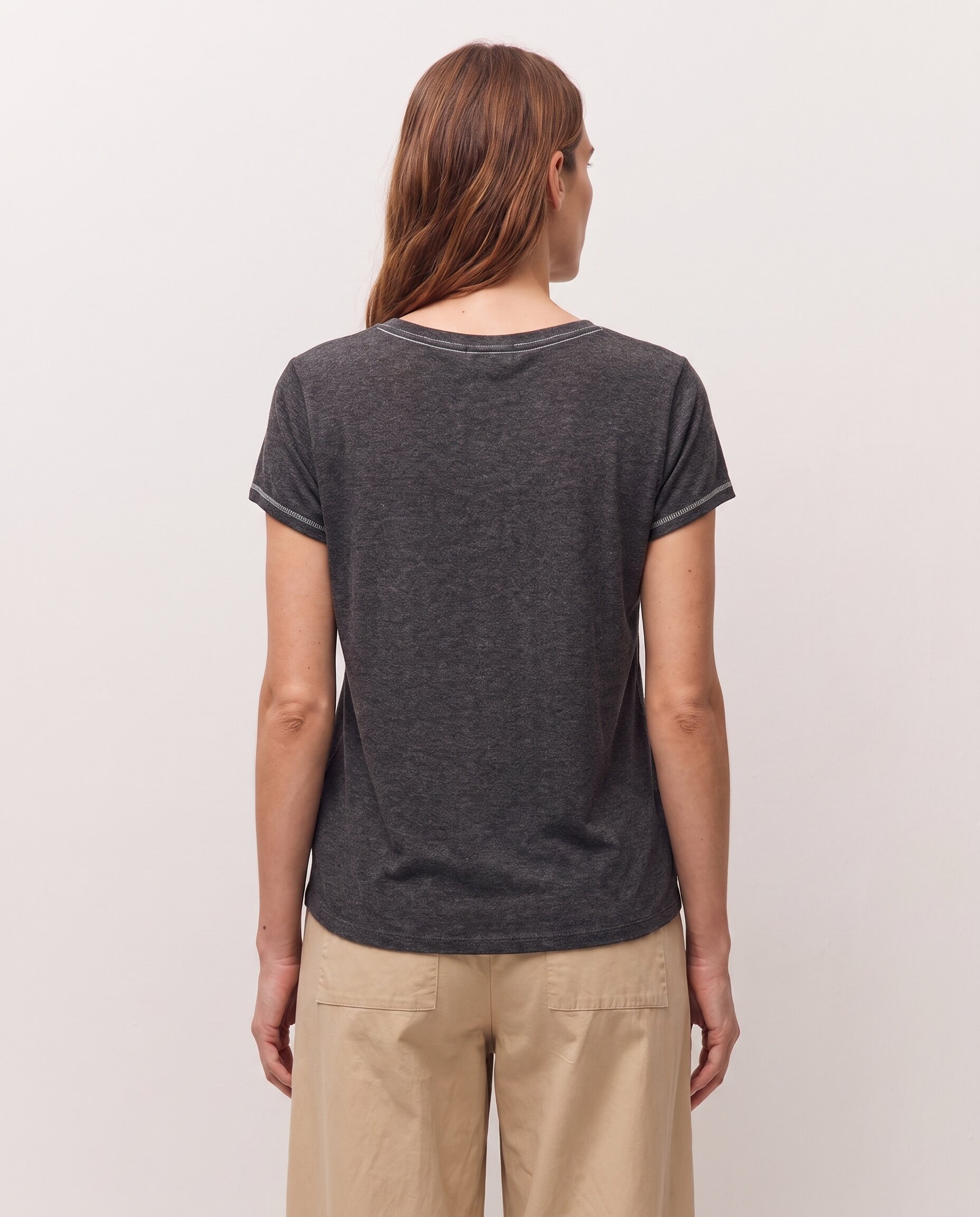 Camiseta de mujer con costuras a contraste y manga corta - System Action - Gris oscuro Gris oscuro-5