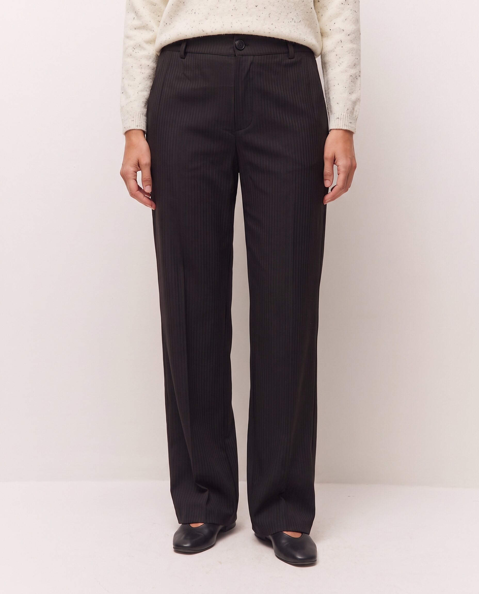 Pantalón largo recto de mujer de raya diplomática con goma en la espalda - System Action - Gris oscuro Gris oscuro-2