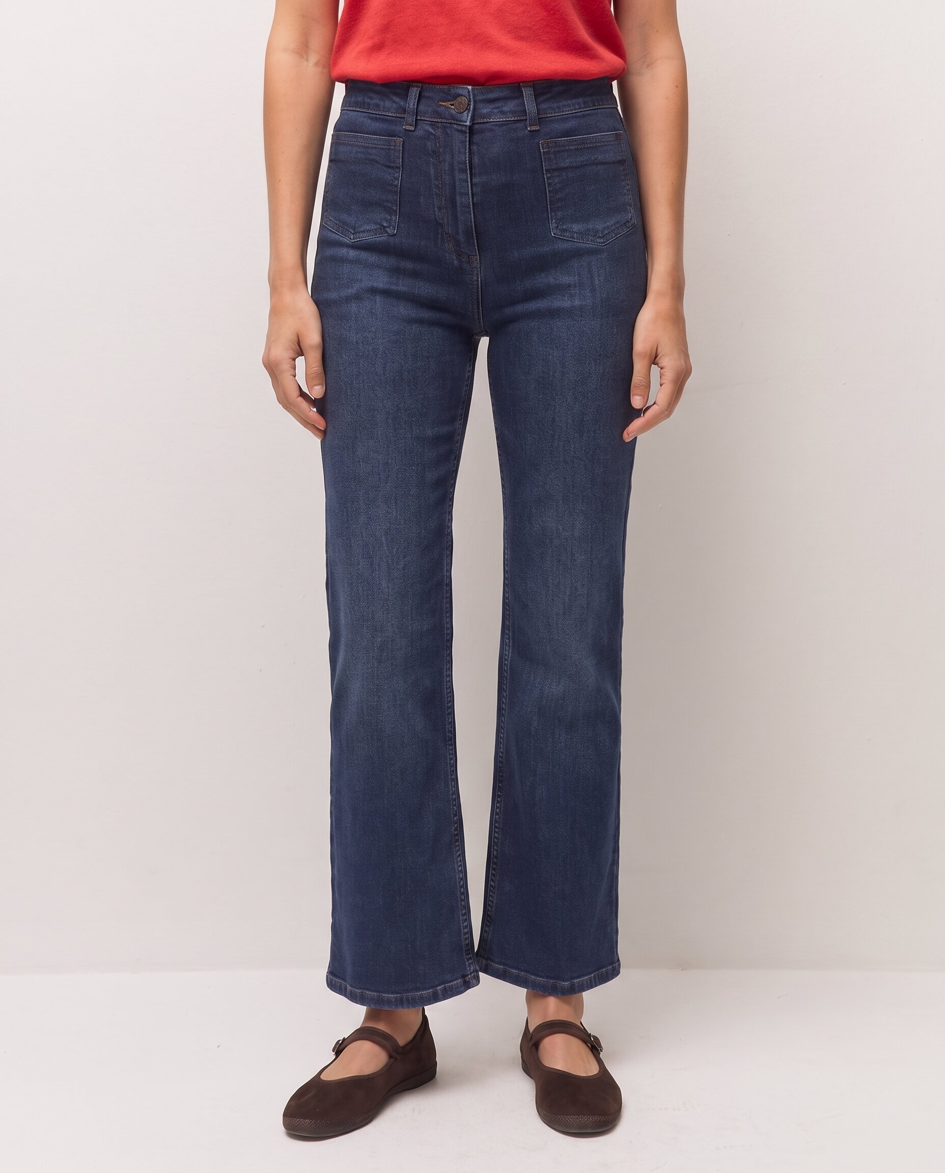 Pantalón vaquero recto de mujer con bolsillos de vivo - System Action - Azul Azul-4