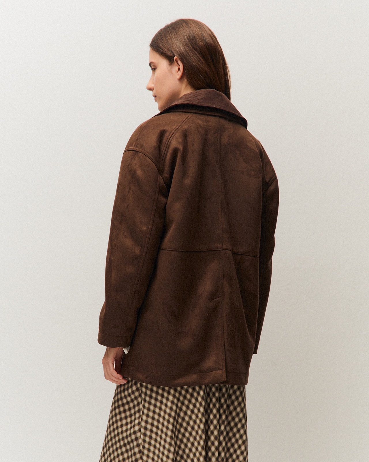 Chaqueta larga de ante de mujer con detalle de doble cuello extraíble - System Action - Marrón Marrón-3