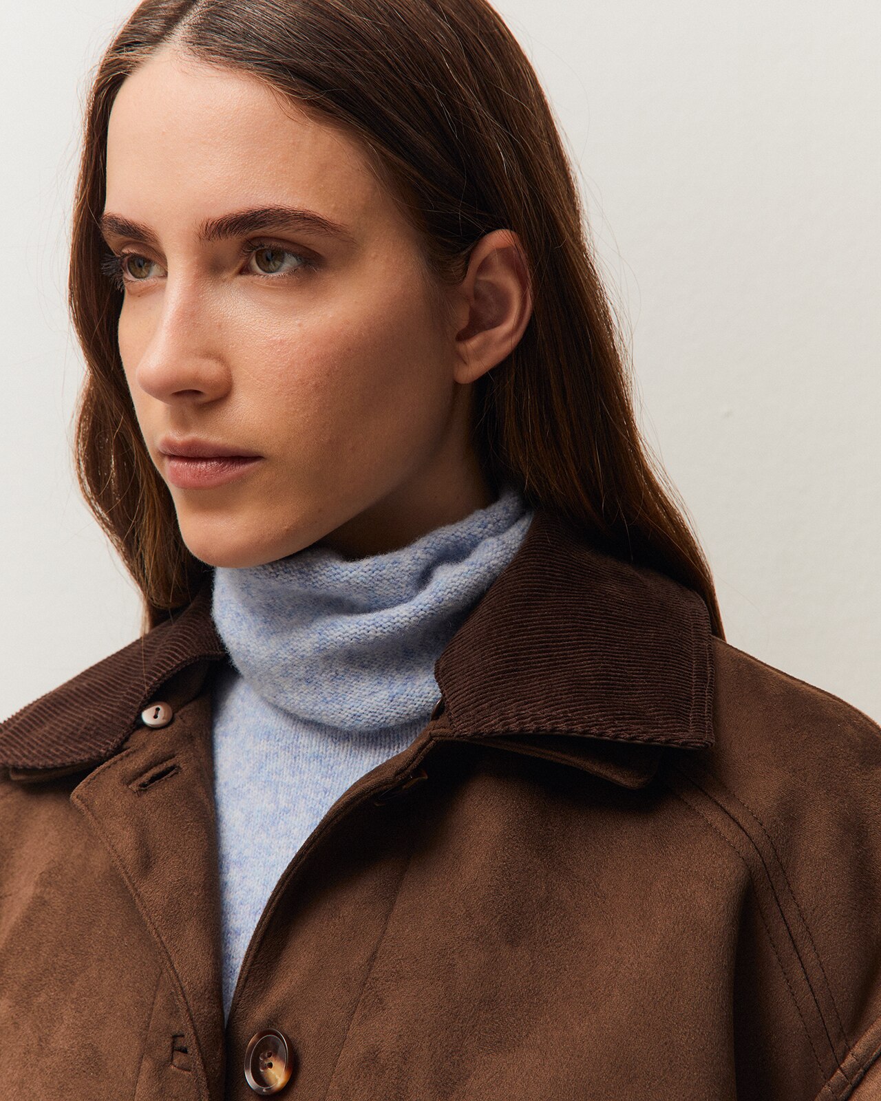 Chaqueta larga de ante de mujer con detalle de doble cuello extraíble - System Action - Marrón Marrón-4