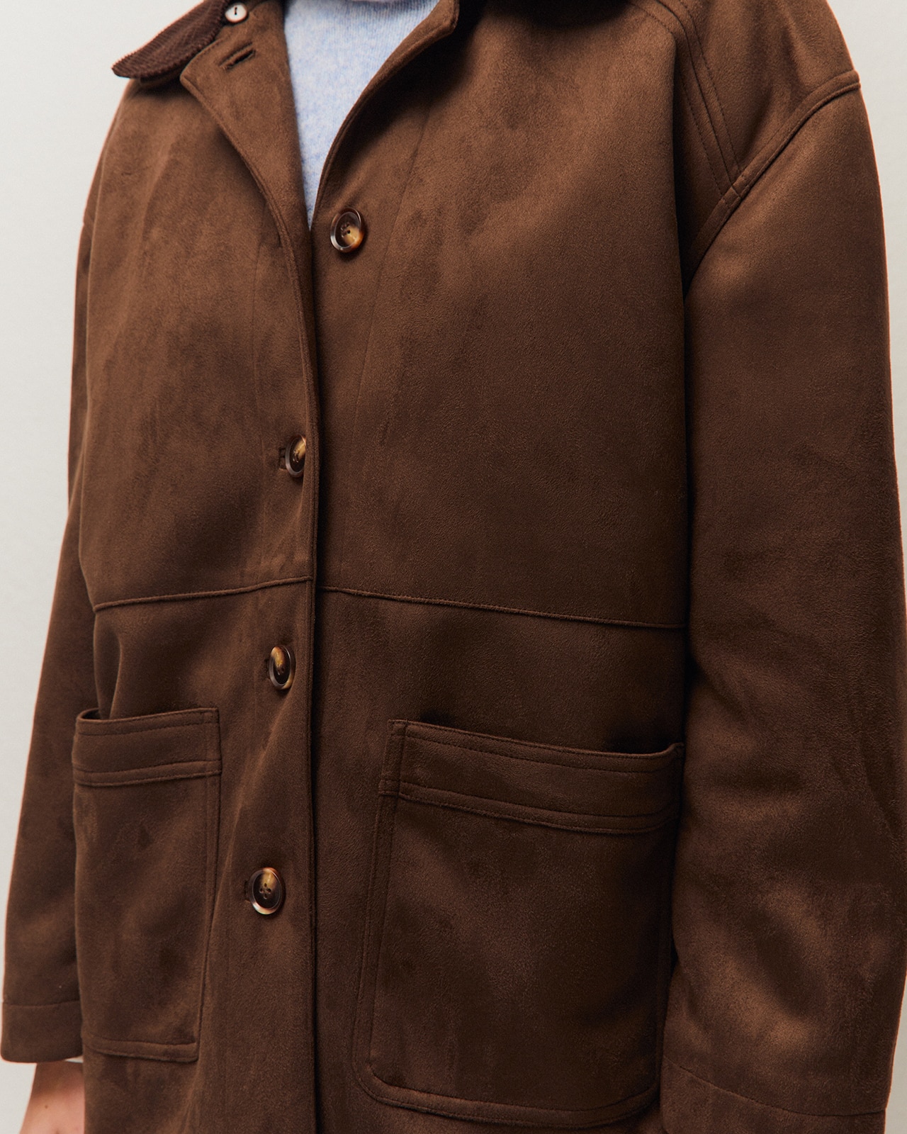 Chaqueta larga de ante de mujer con detalle de doble cuello extraíble - System Action - Marrón Marrón-5