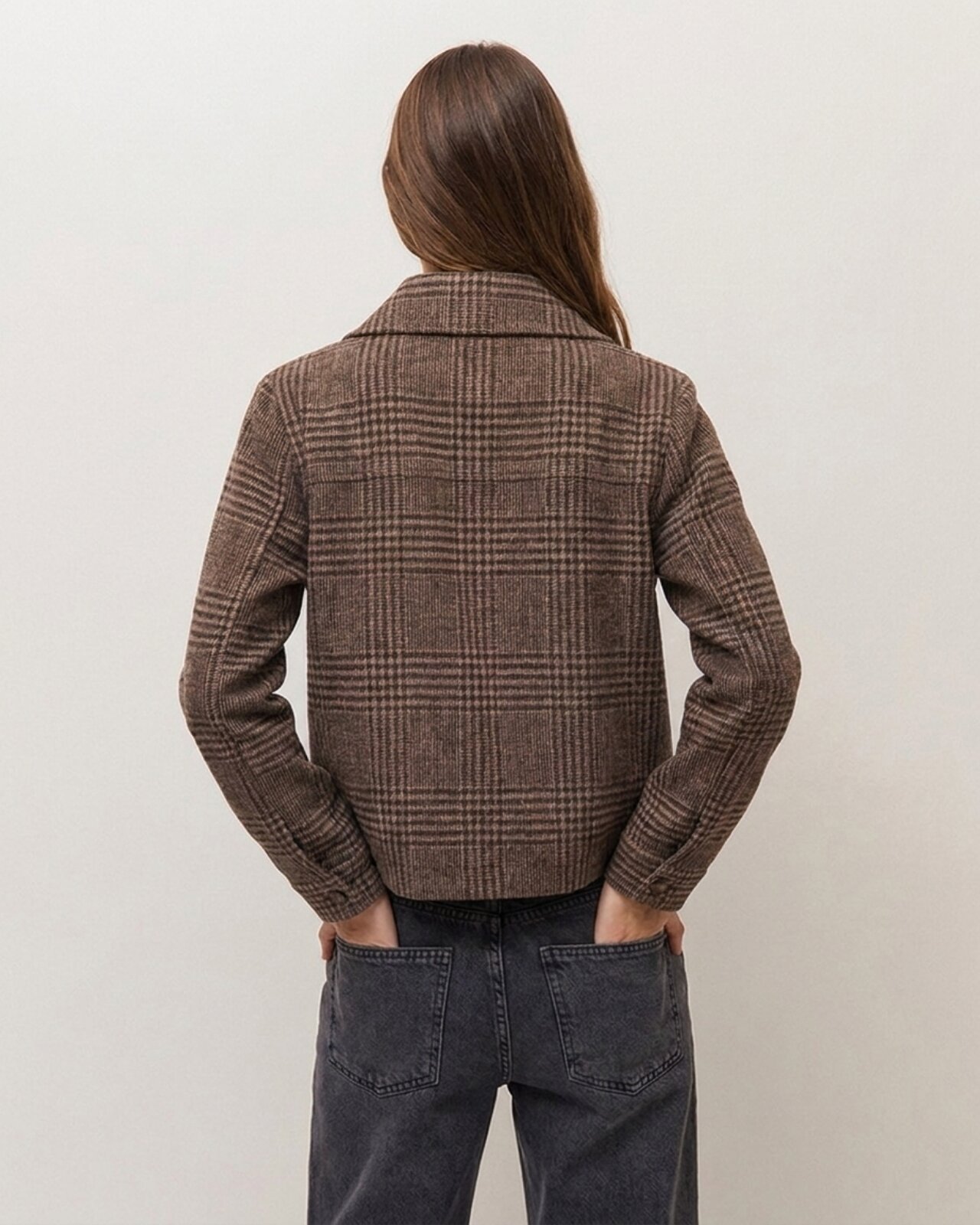 Chaqueta corta de mujer en tejido de cuadros - System Action - Marrón Marrón-3