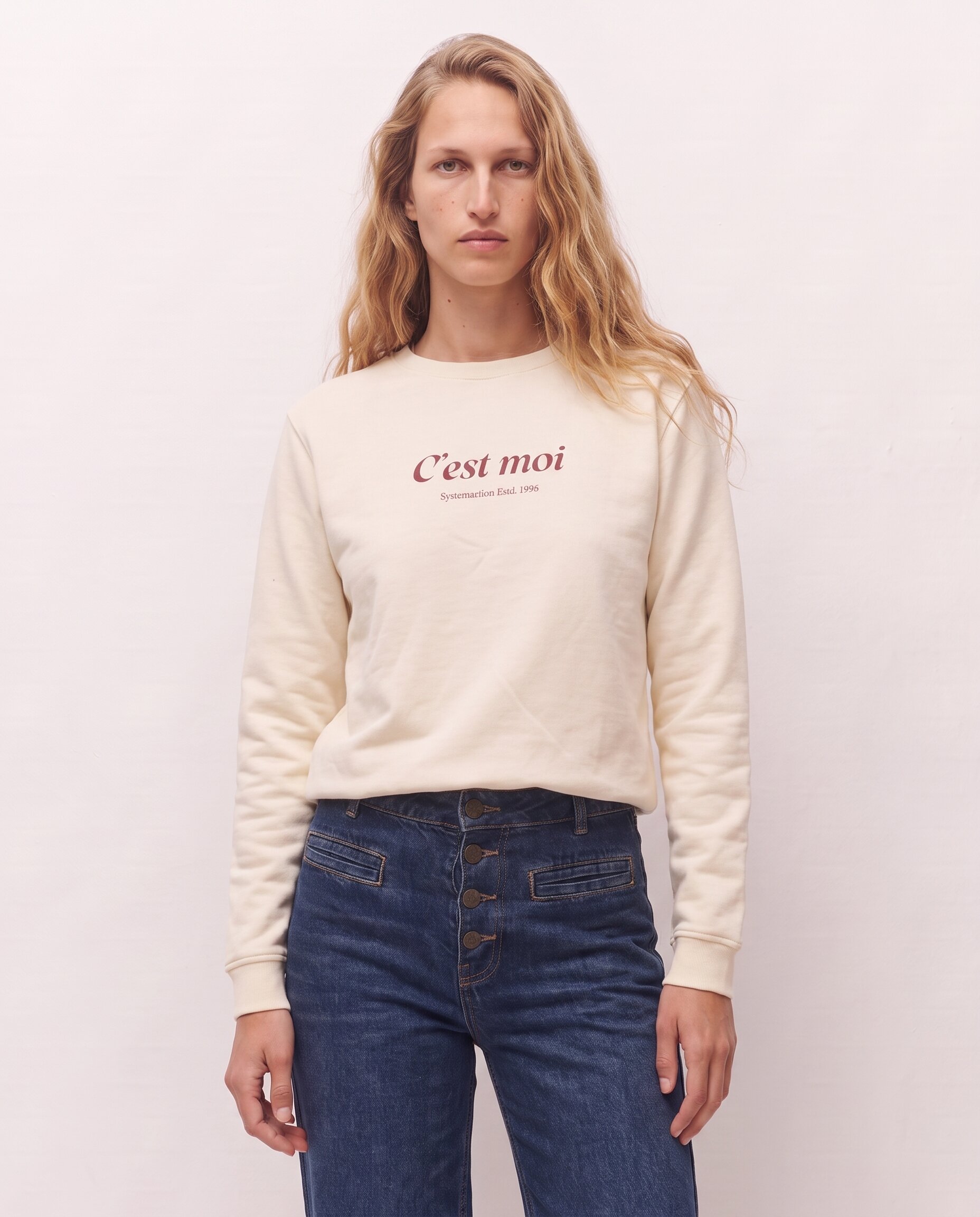 Sudadera de mujer con cuello redondo y estampado posicional delantero - System Action - Crudo Crudo-1