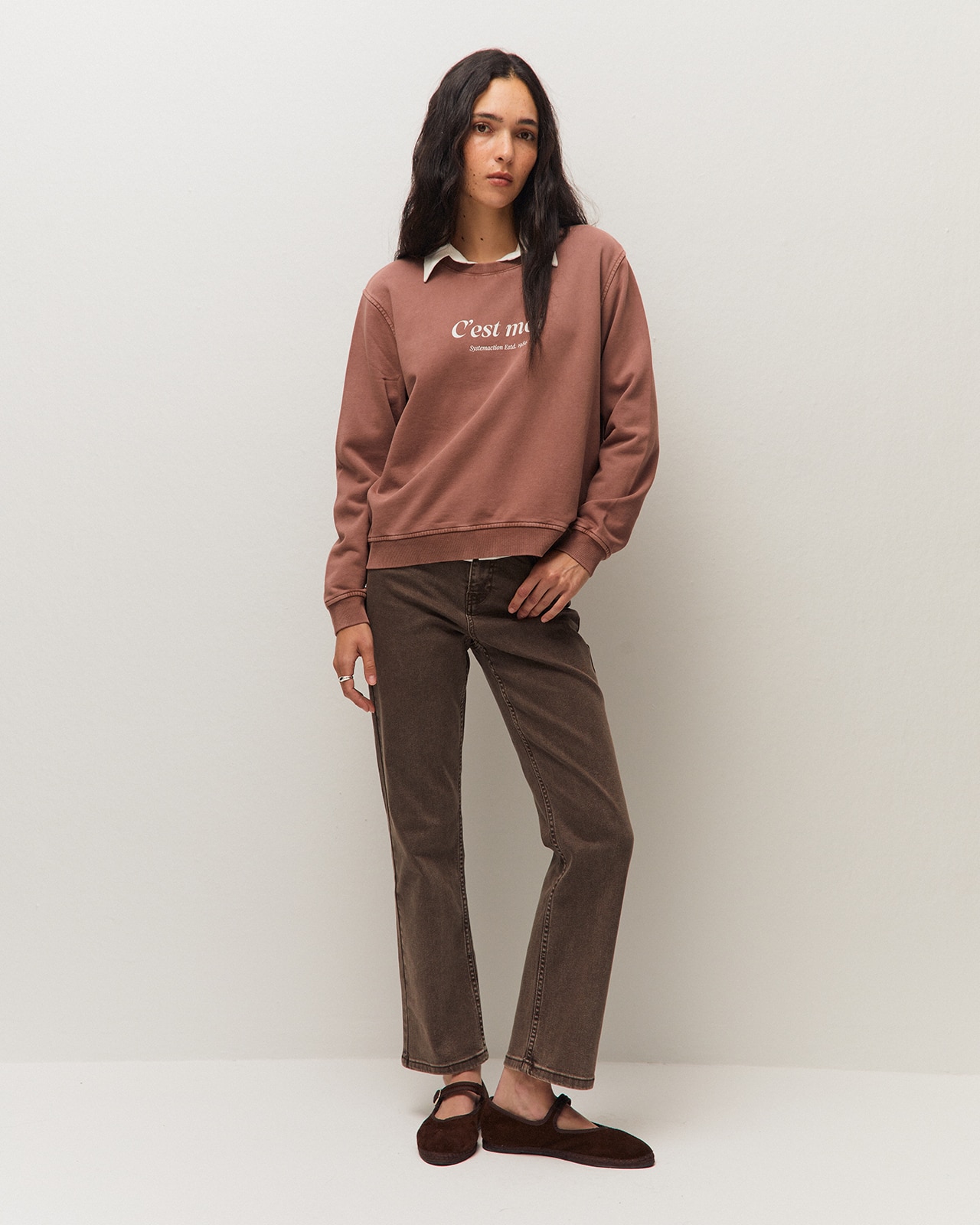 Sudadera de mujer con cuello redondo y estampado posicional delantero - System Action - Rosa Rosa-1