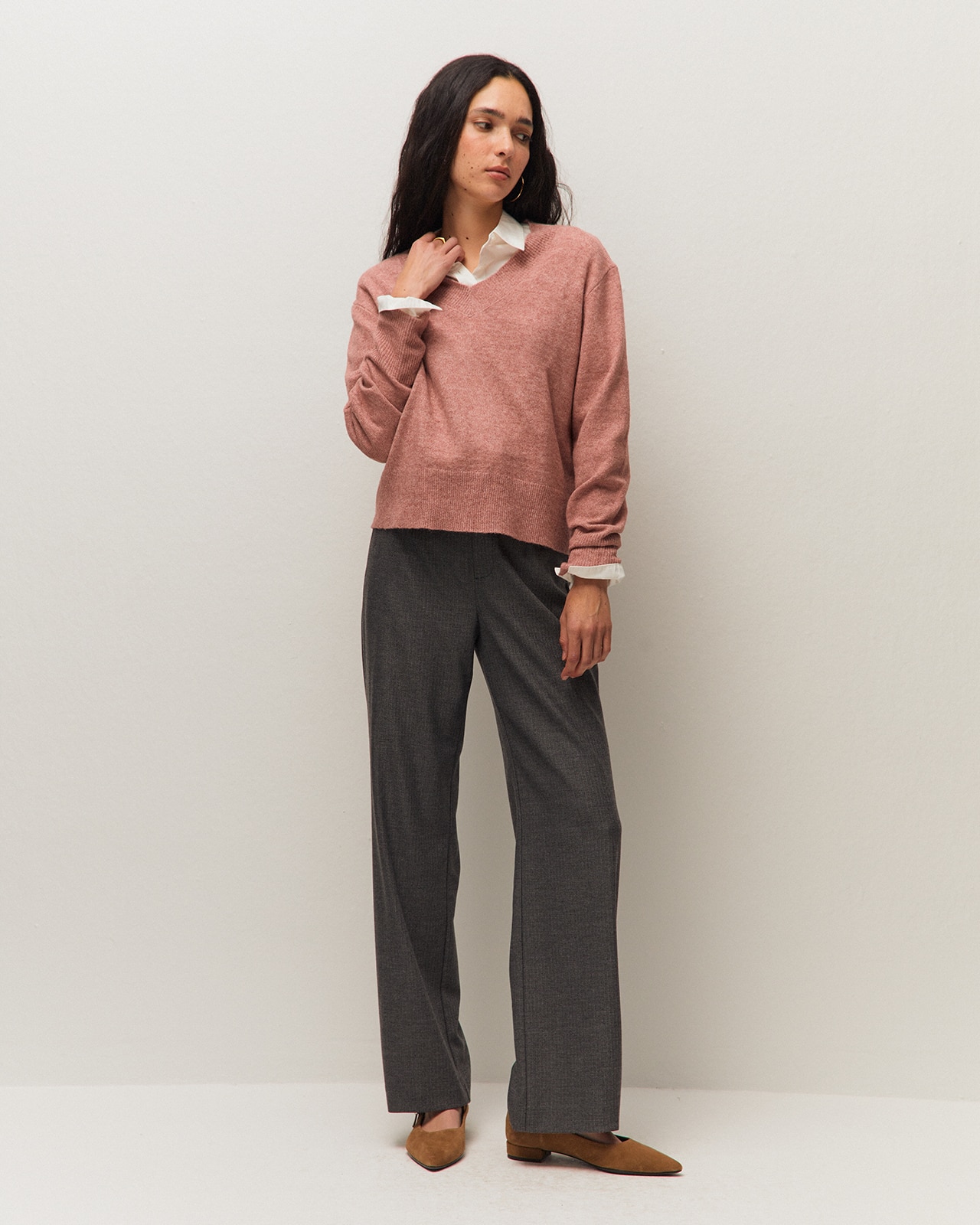 Jersey básico de mujer con escote pico y manga larga - System Action - Rosa Rosa-1