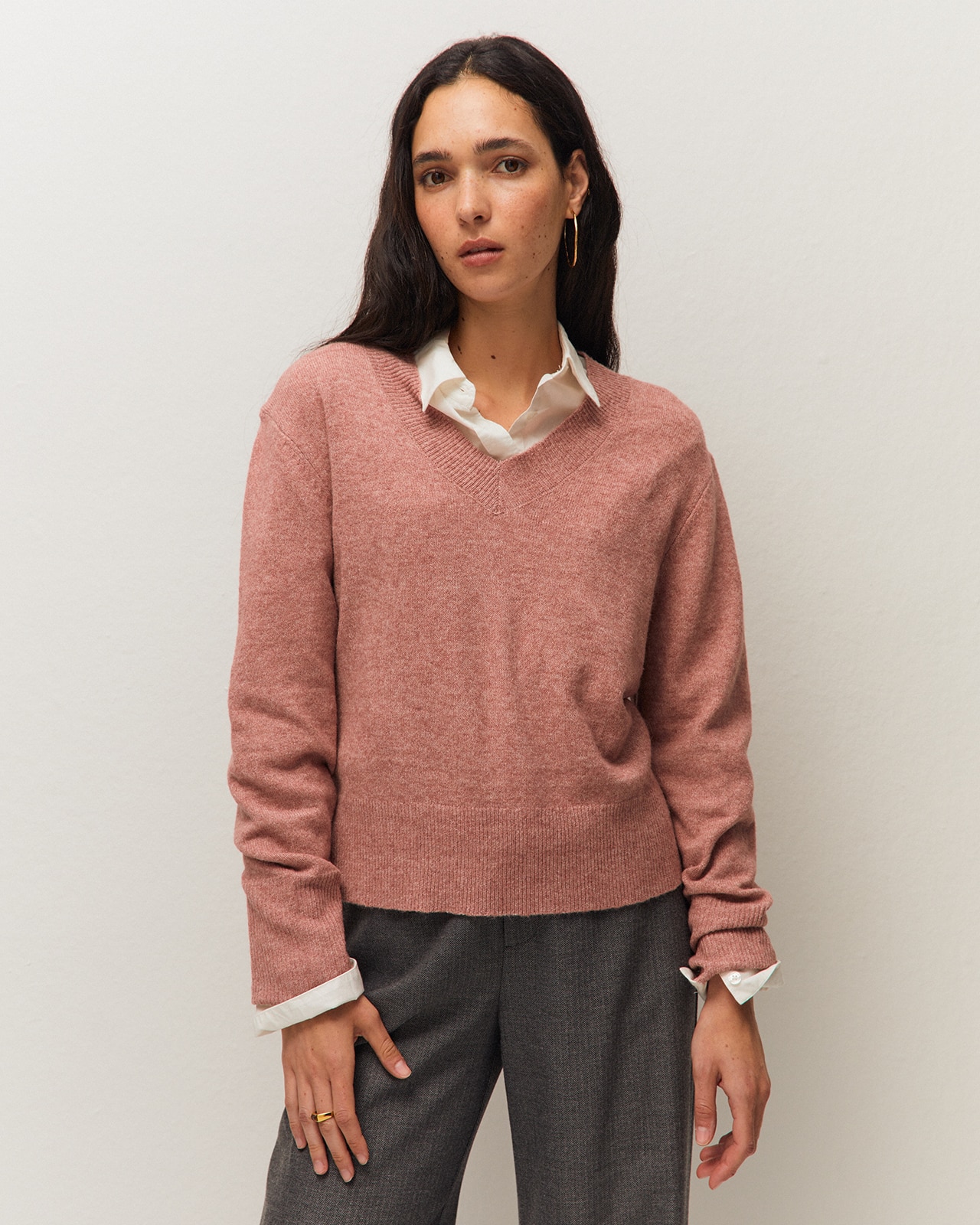 Jersey básico de mujer con escote pico y manga larga - System Action - Rosa Rosa-2