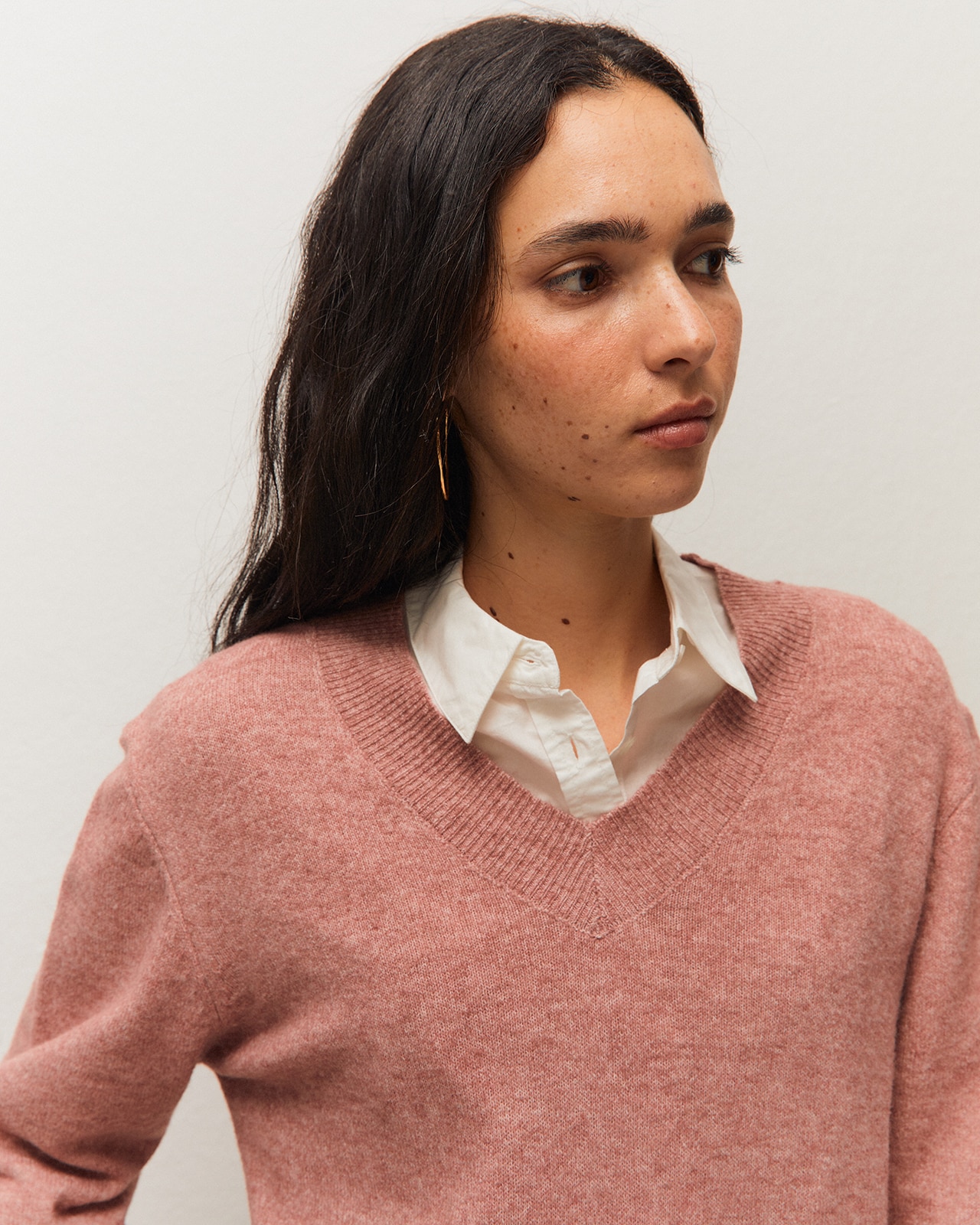 Jersey básico de mujer con escote pico y manga larga - System Action - Rosa Rosa-4