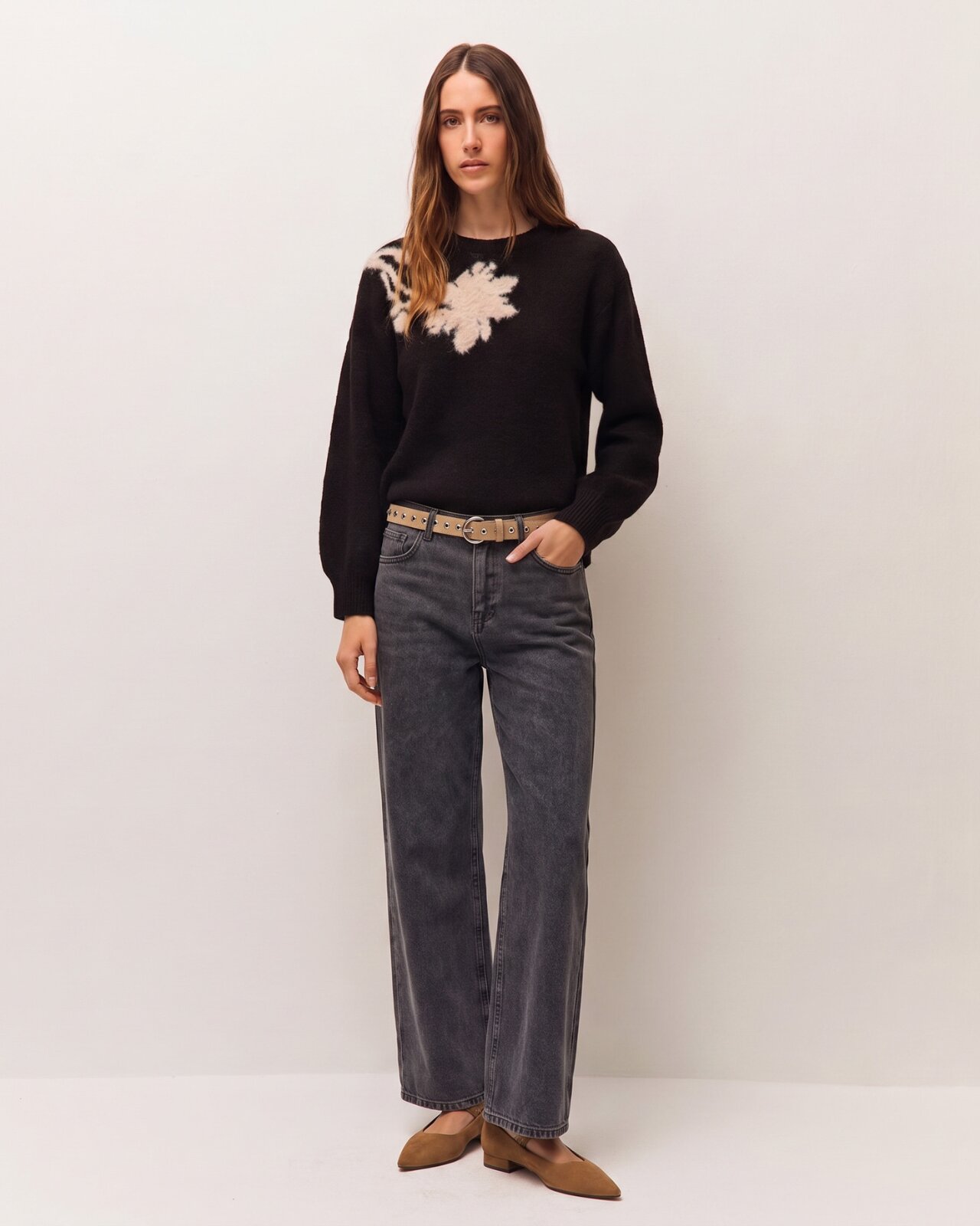 Jersey de mujer con jacquard floral y escote redondo - System Action - Negro Negro-1
