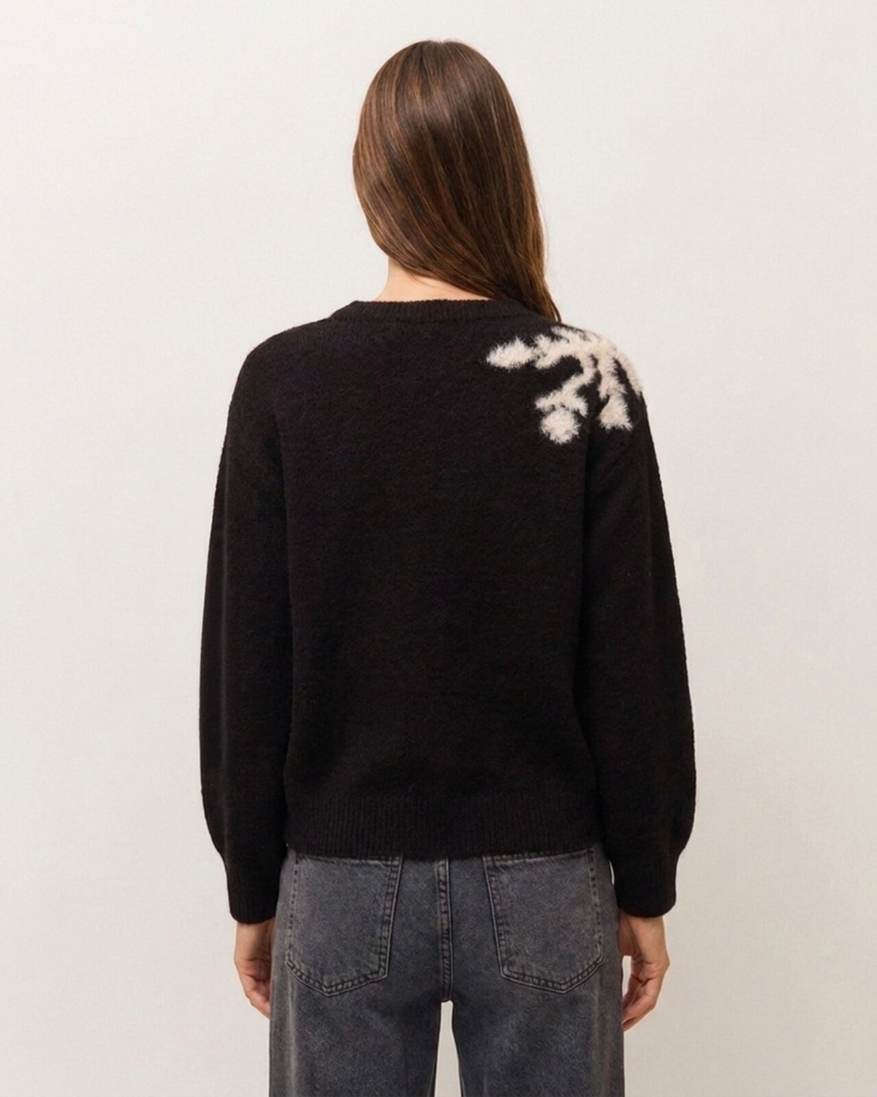 Jersey de mujer con jacquard floral y escote redondo - System Action - Negro Negro-3
