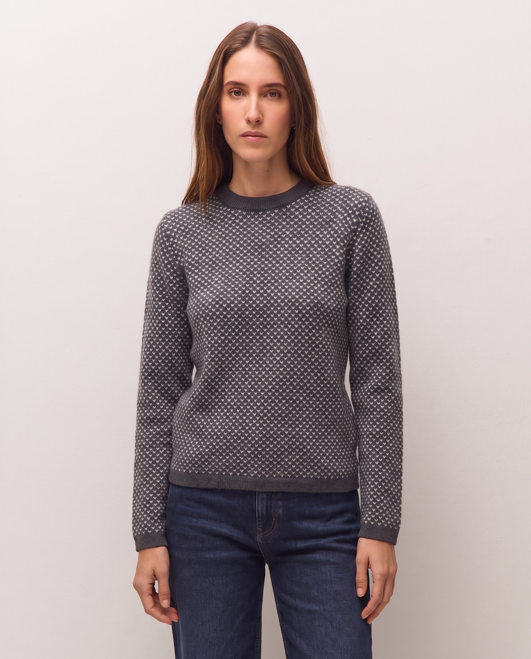 Jersey de mujer con jacquard geométrico y escote redondo - System Action - Gris oscuro Gris oscuro-1