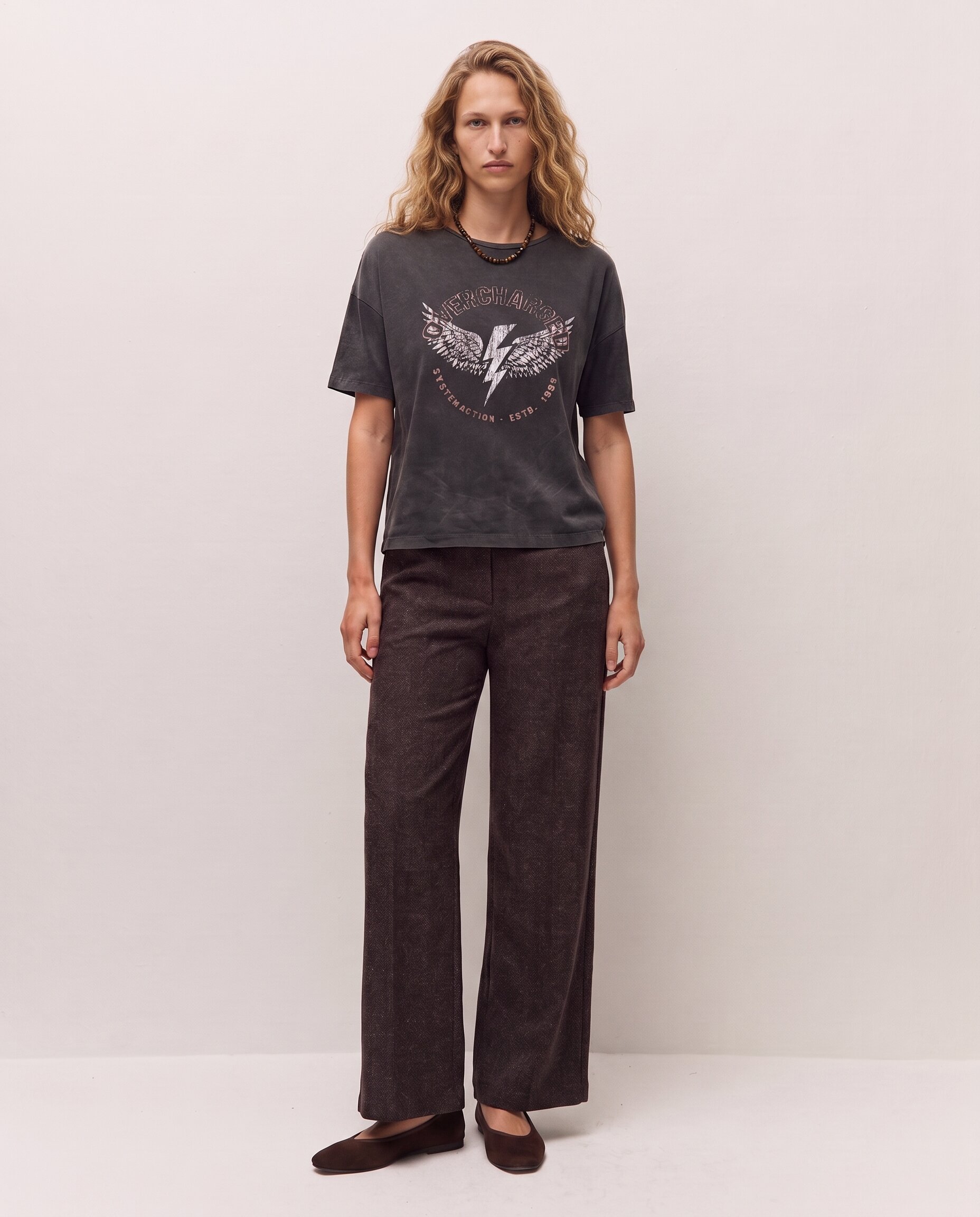 Camiseta oversize de mujer con con estampado posicional y cuello redondo - System Action - Gris oscuro Gris oscuro-3