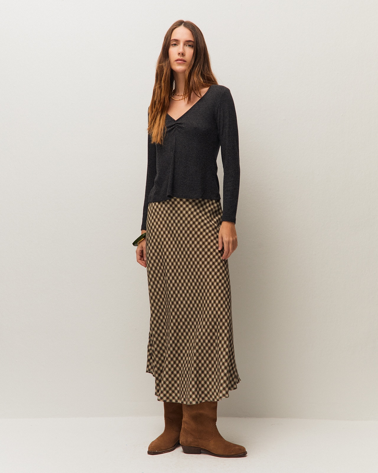 Camiseta de mujer de canalé con frunce en escote - System Action - Gris oscuro Gris oscuro-1