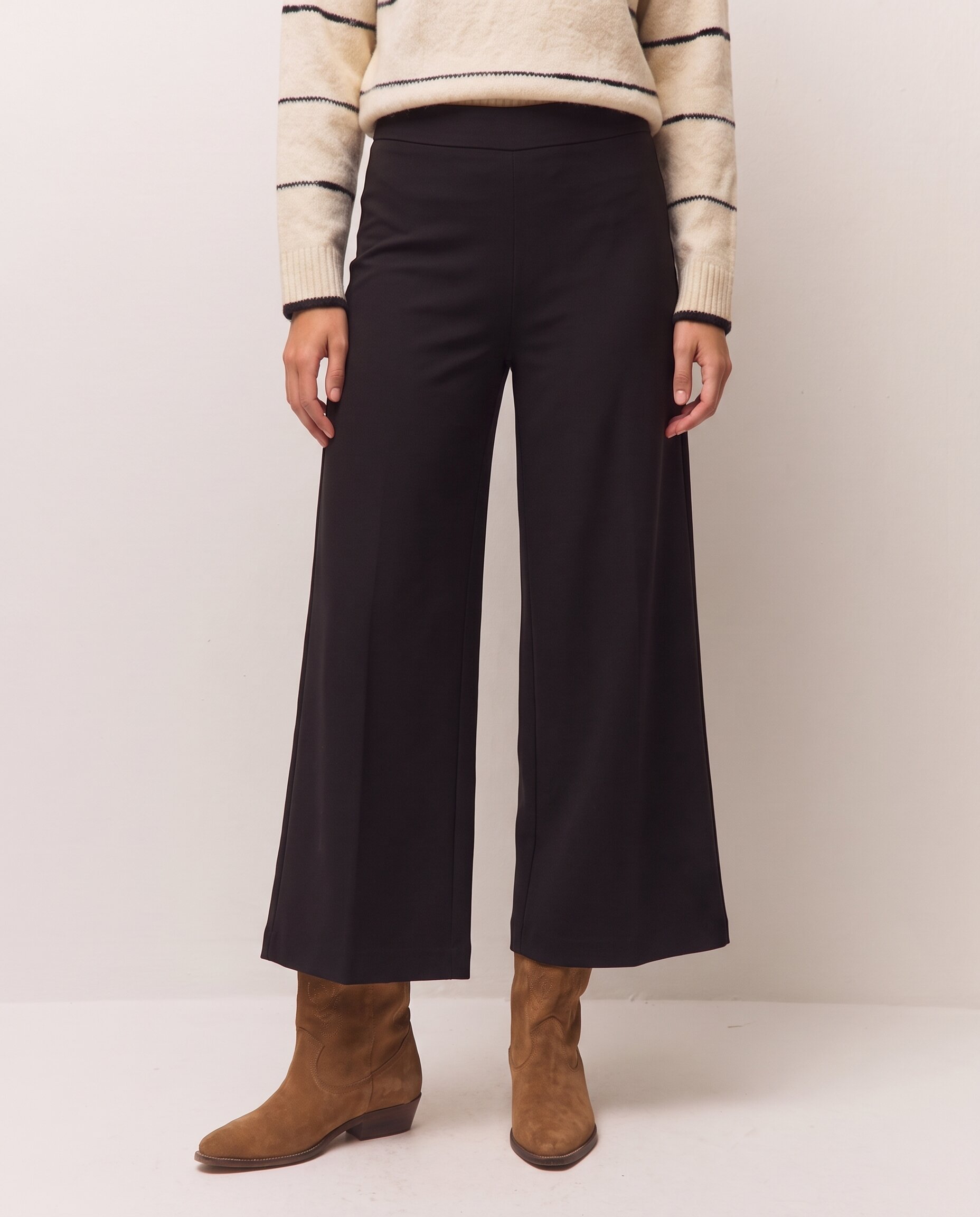 Pantalón ancho de mujer con goma en la cintura y tejido elástico - System Action - Negro Negro-2