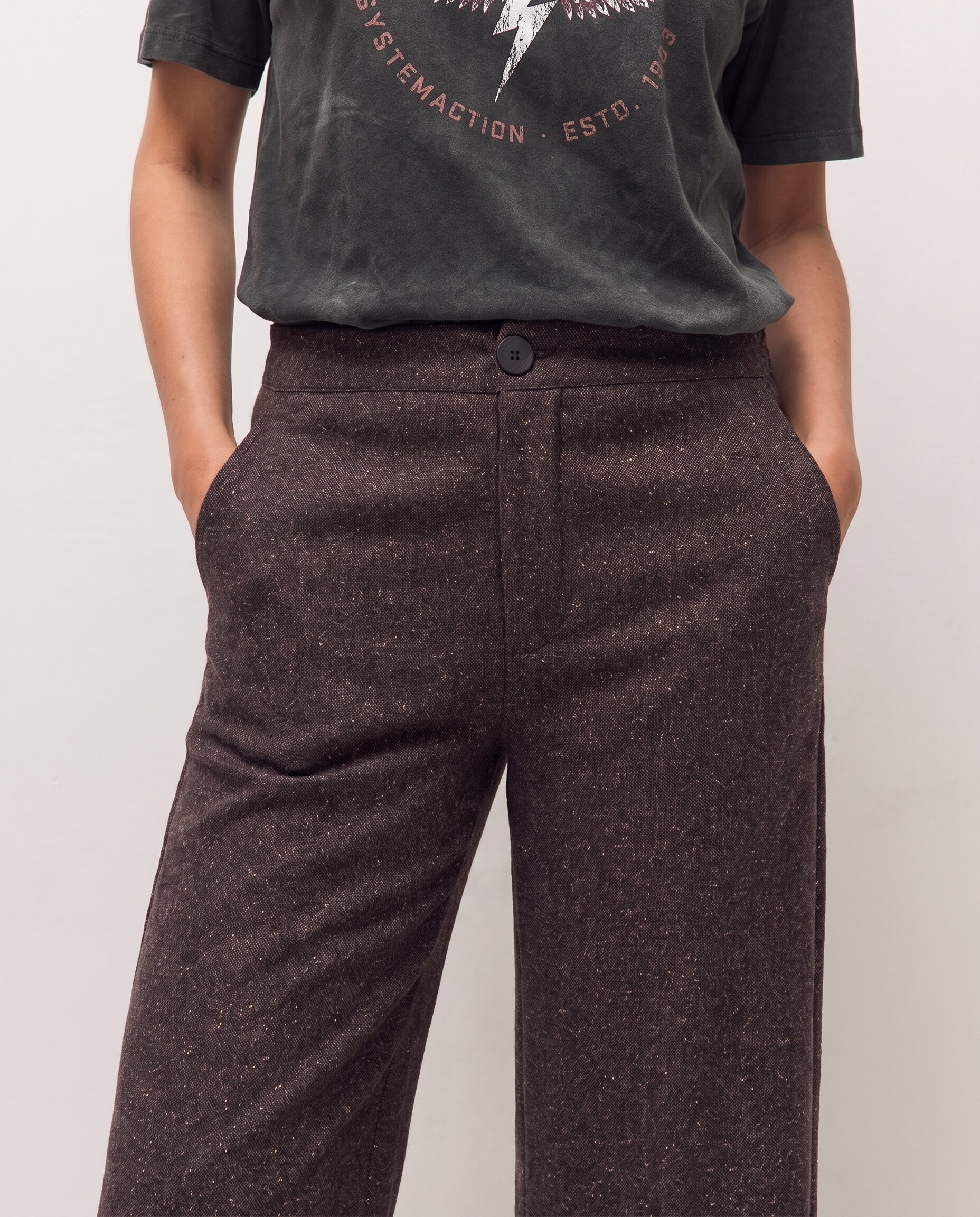 Pantalón de vestir ancho de mujer con goma en la cintura - System Action - Marrón Marrón-4