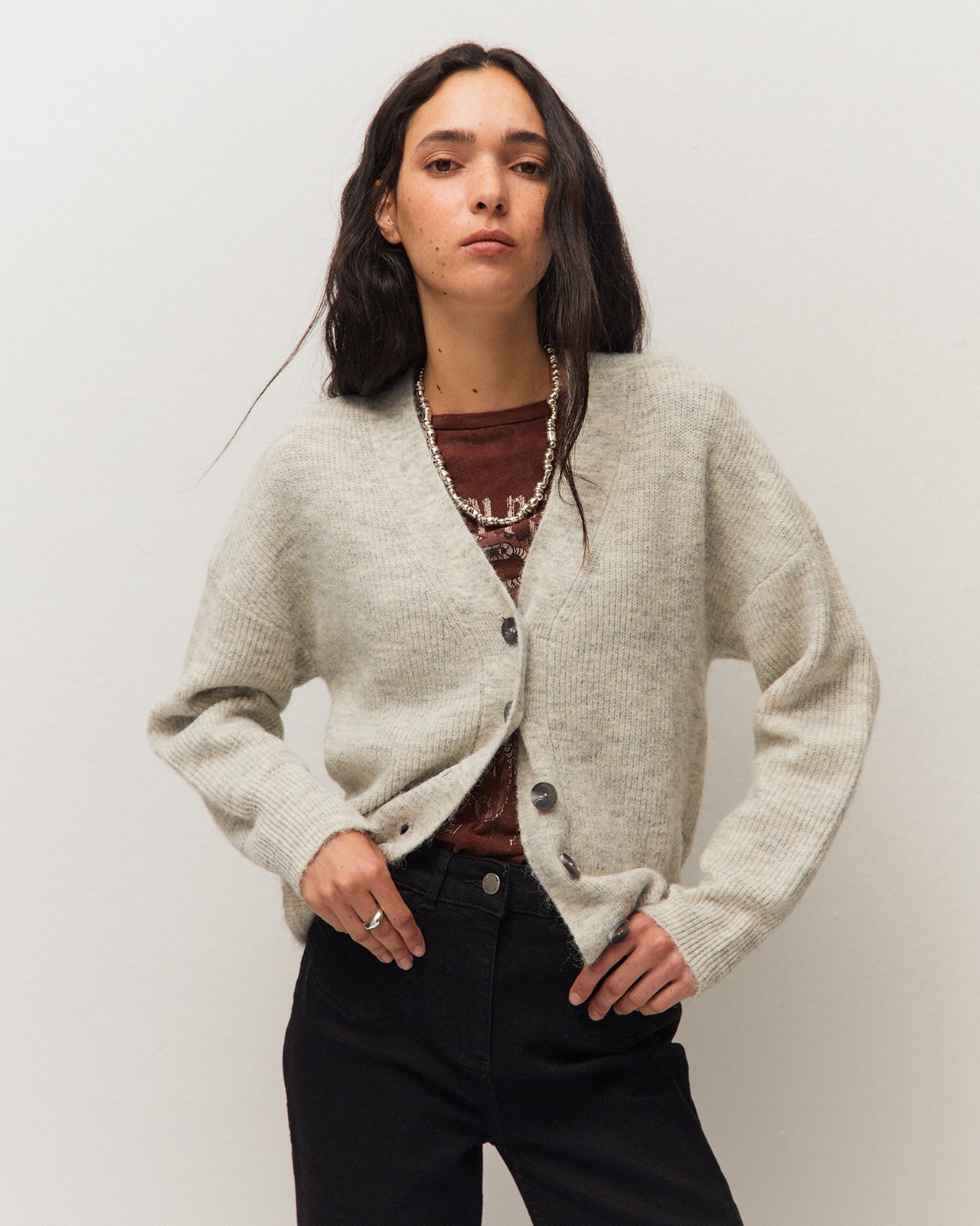 Cárdigan de mujer con escote pico y manga larga - System Action - Gris claro Gris claro-2